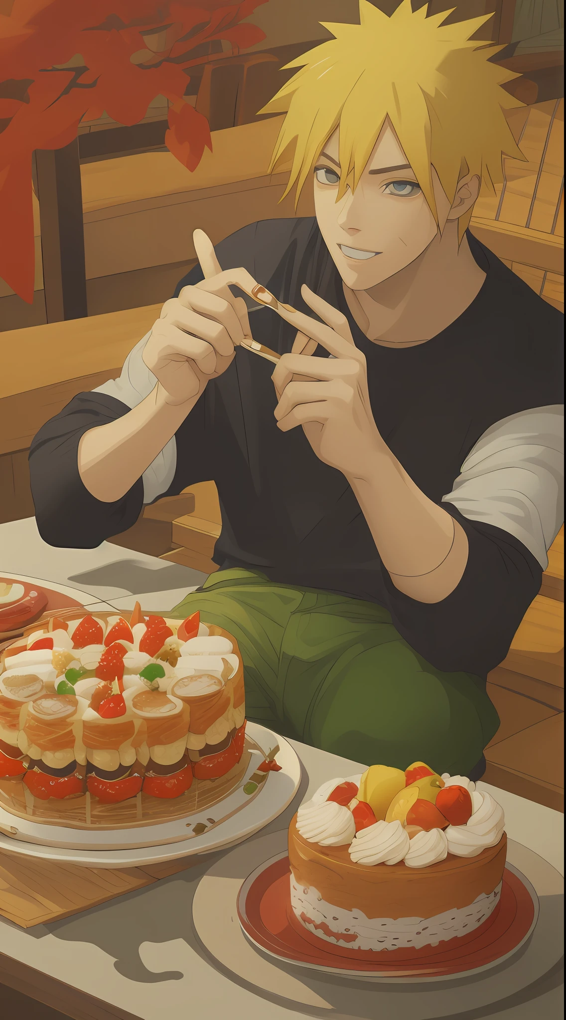 Masterpiece portrait of a Naruto man enjoying birthday cake at a yatai in Leaf village, naruto, shippuden, cabelo amarelo espetado
