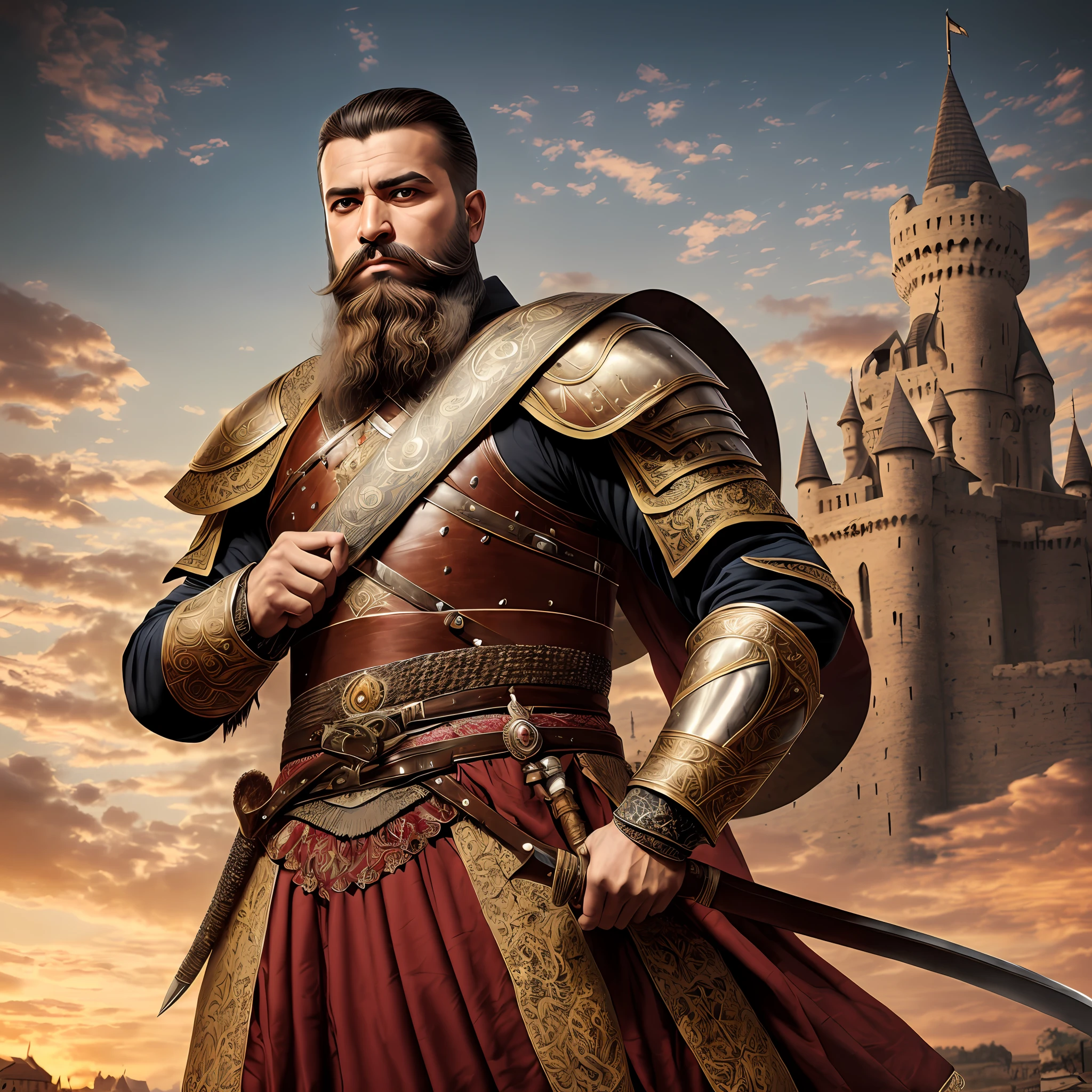 (realistic, ultra-detailed, high-quality) portrait of an Ottoman warrior man, majestic trimmed (beard:1.2), (beautiful hair:1.1), (bright eyes:1.1), (ordinary body:0.9), wearing glorious (Ottoman armor:1.2) with intricate details and the otomman castle background. The beautiful (Ottoman sword:1.1) adds to the menacing and powerful overall look of the warrior. --auto