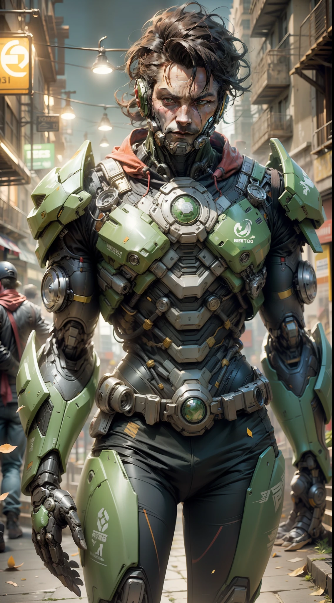 Escuro_fantasia,Cyberpunk,(motosserra,homem da motosserra,verde: 1.1),1 homem,mechanical marvel,robotic presence,cybernetic guardian, wearing a worn mechanical suit, intrincado, (steel metal [enferrujado]), elegante, Foco claro , Filmado por Greg Rutkowski, gentle lighting, cores vibrantes, obra-prima, ((rua)), Tiroteio de Cowboy, dinamic pose, -- seed 1913828230