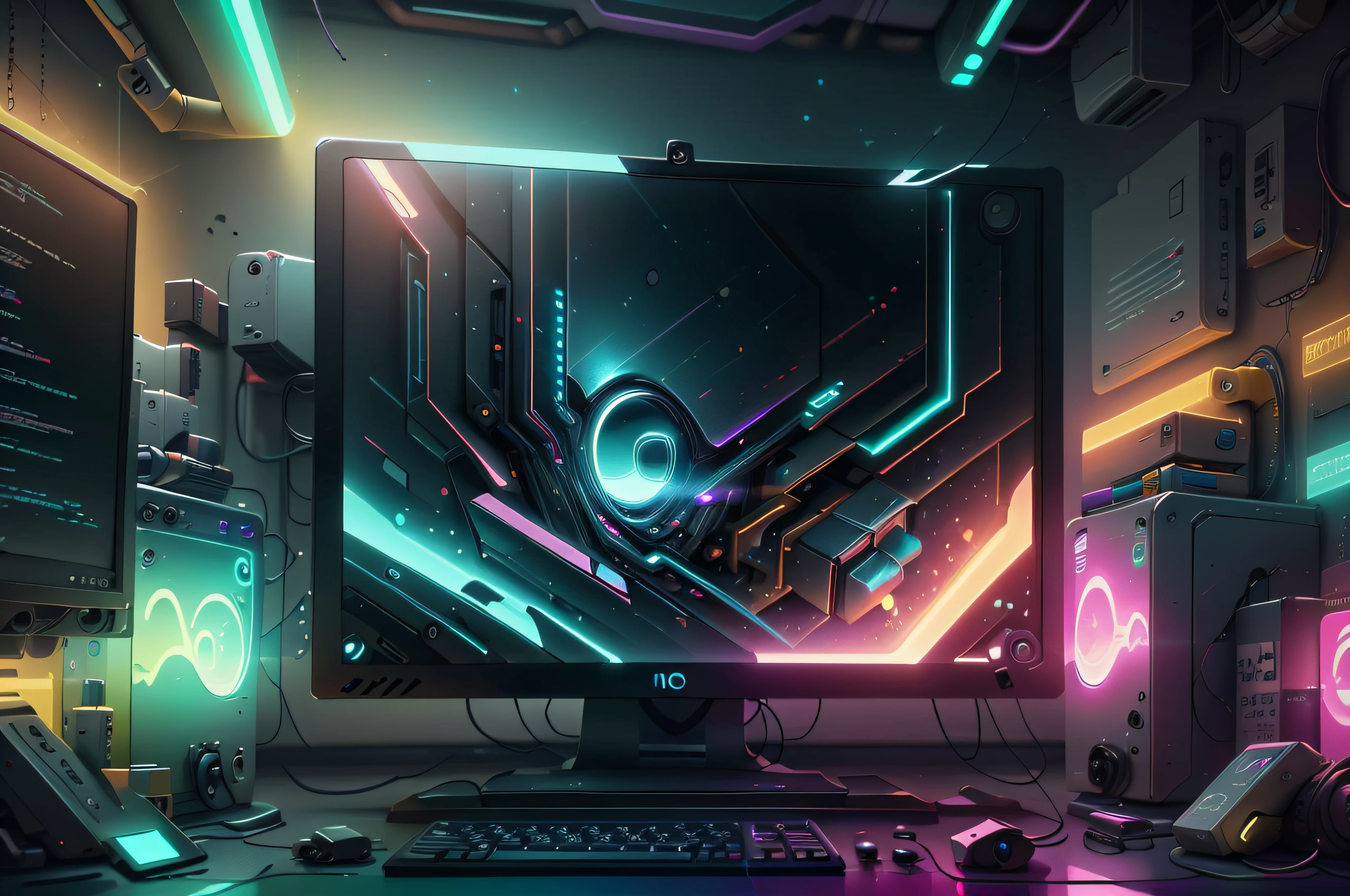 1monitor, vidro, detalhes ornamentados, luz noturna neon , fotorrealista, 8k, Particles in the cyberpunk style scene, luzes neon, luz e cores de cinema,