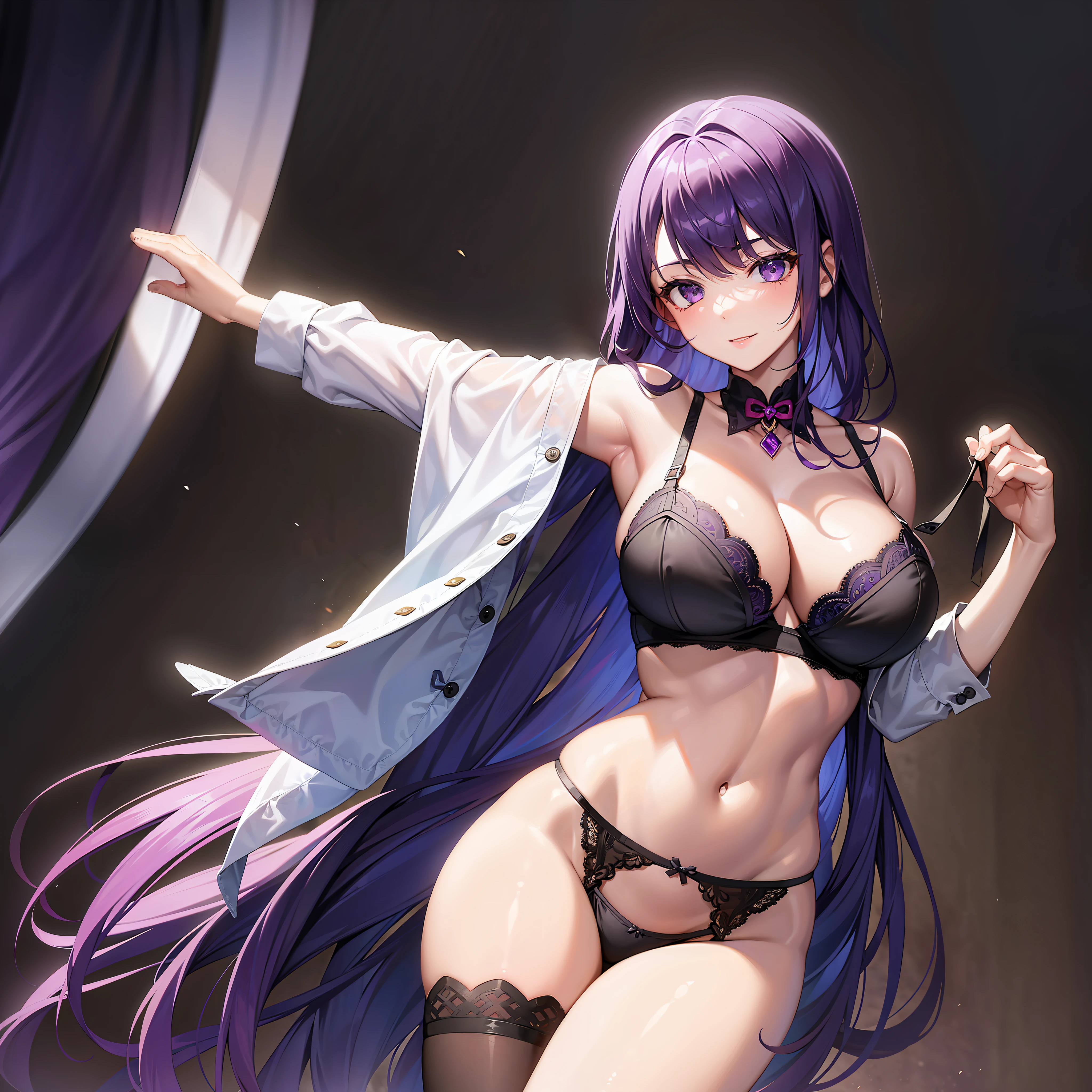 1 girl, underwear, belly, panties, thighs, bra, purple hair, garter belly, belly button, black bra, black panties, lace, stockings, looks at the viewer, lustful smile, shiny, shiny skin, mature woman, home background, underwear only, high quality, masterpiece
