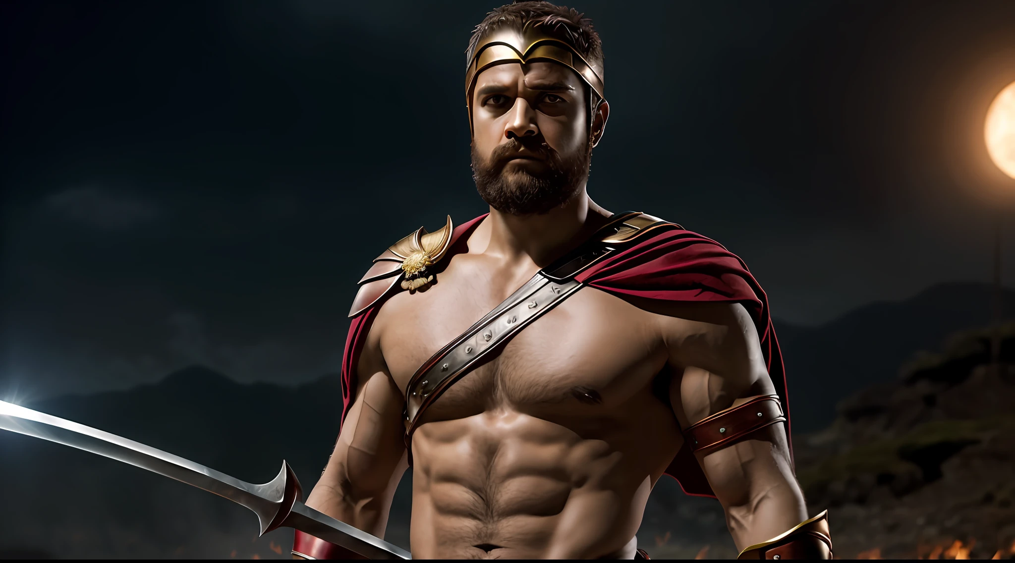 Leonidas rei de sparta, corpo musculoso, segurando seu escudo e sua espada, ((capa vermelha)), ((capa vermelha: 1.5)), 300 de esparta, sem capacete