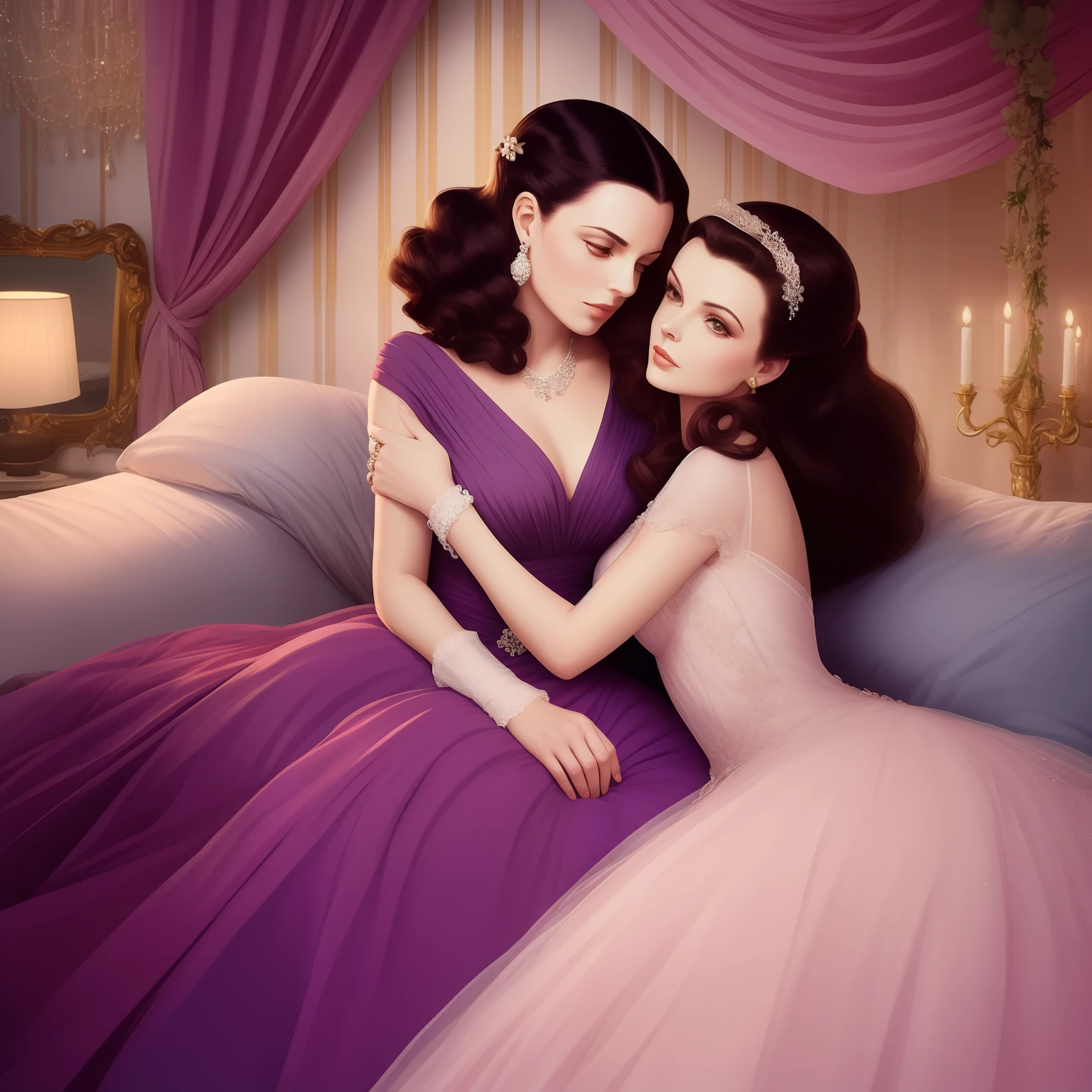 Hedy Lamar totally looks like Vivien Leigh. Pastel hues. Hedy Lamar and Vivien Leigh interwoven in an elegant ballroom. Soft and diffused lighting. Romantic and dreamy atmosphere.
