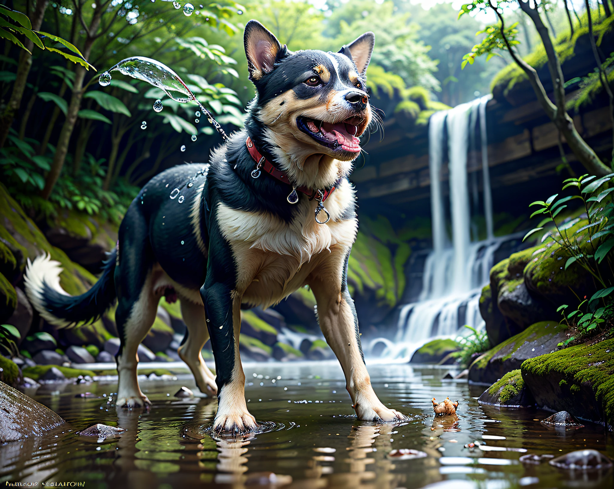 "(extremely detailed, best quality) UM CACHORRO BRINCANDO COM MUITA FELICIDADE EM UMA CACHOEIRA, (depth of field:1.2, wide shot, foliage, nature:1.2),(blurred out background:0.9, many flying waters droplets around, wet fur, glowing water:1.2, green hue filter):0.8"