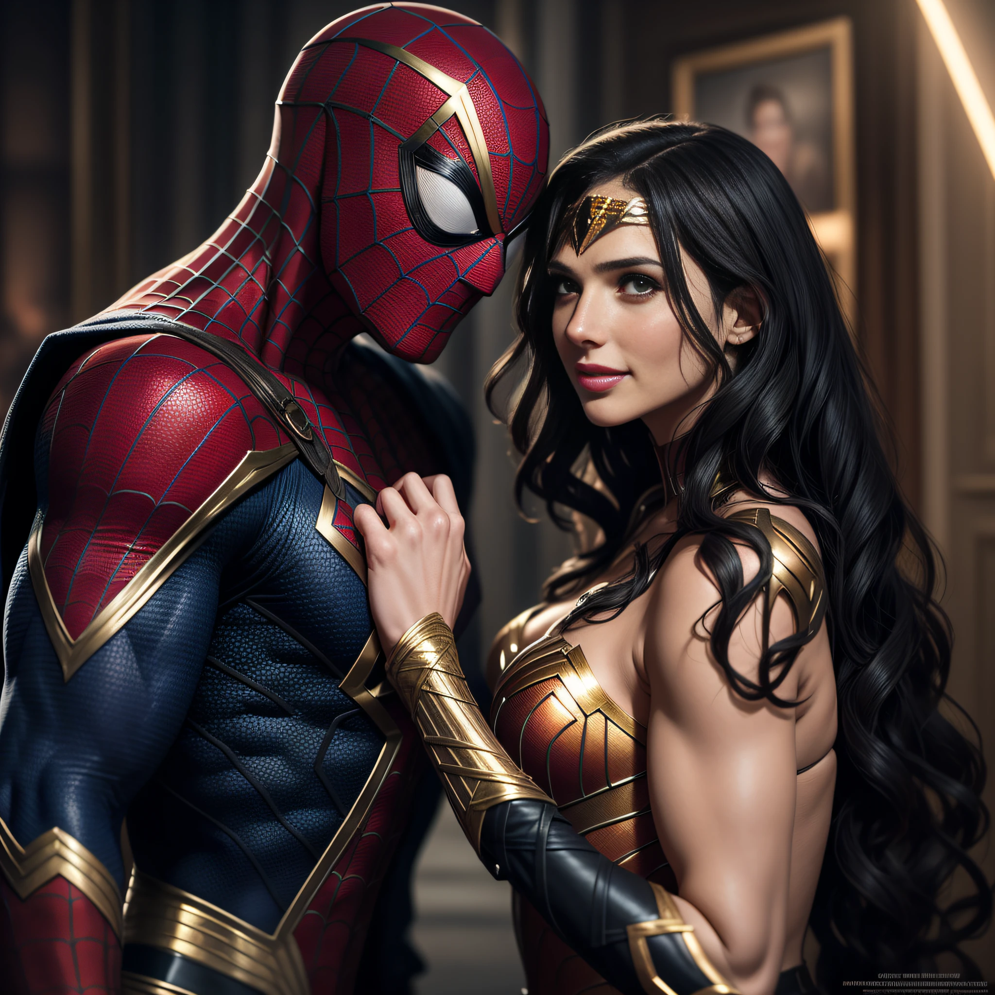 4k resolution, Two protagonists, one female and one male, SpiderWoman with the face of Gal Gadot next to SpiderMan with the face of Henry Cavill in battle gear with golden details, make-up on the face, muscular, smiling, gaze at the viewer, hands perfect, fingers perfect hands, full body view,
