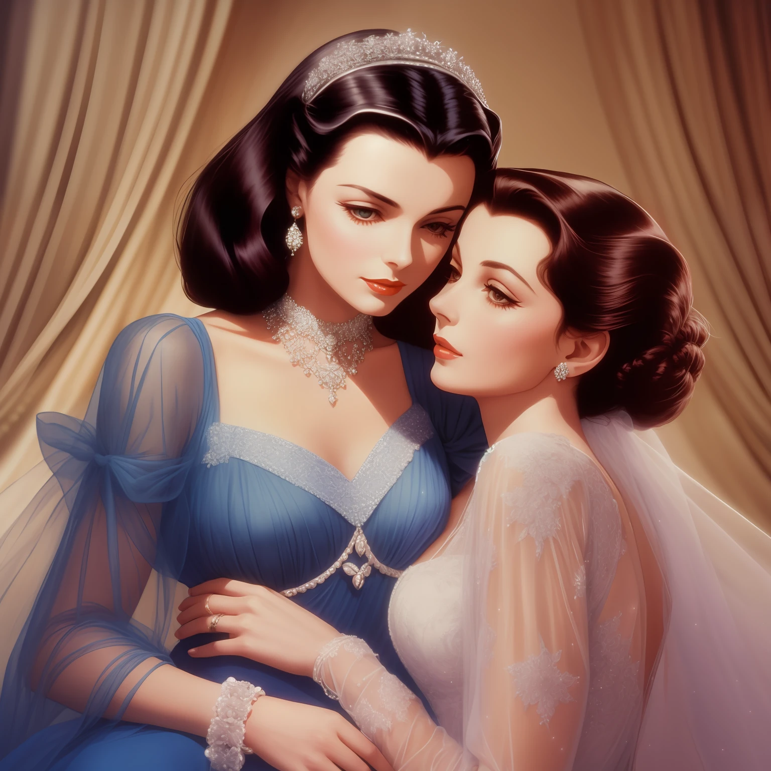 Hedy Lamar totally looks like Vivien Leigh. Pastel hues. Hedy Lamar and Vivien Leigh interwoven in an elegant ballroom. Soft and diffused lighting. Romantic and dreamy atmosphere.
