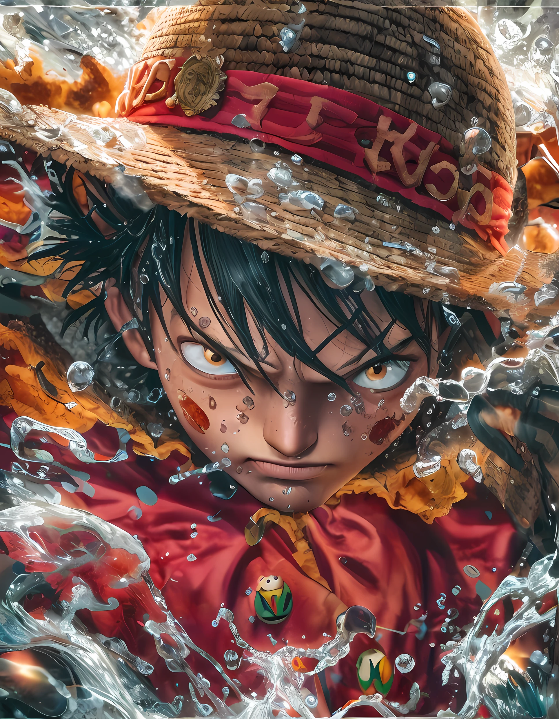 um close up de um jovem de 17 anos , Straw hat with red shirt, Luffy, Macaco D. Luffy, 8k , cabelo preto e olhos castanhos , intricadamente detalhado, detalhes finos, hiperdetalhado , gentle illumination , particulas de agua no ar