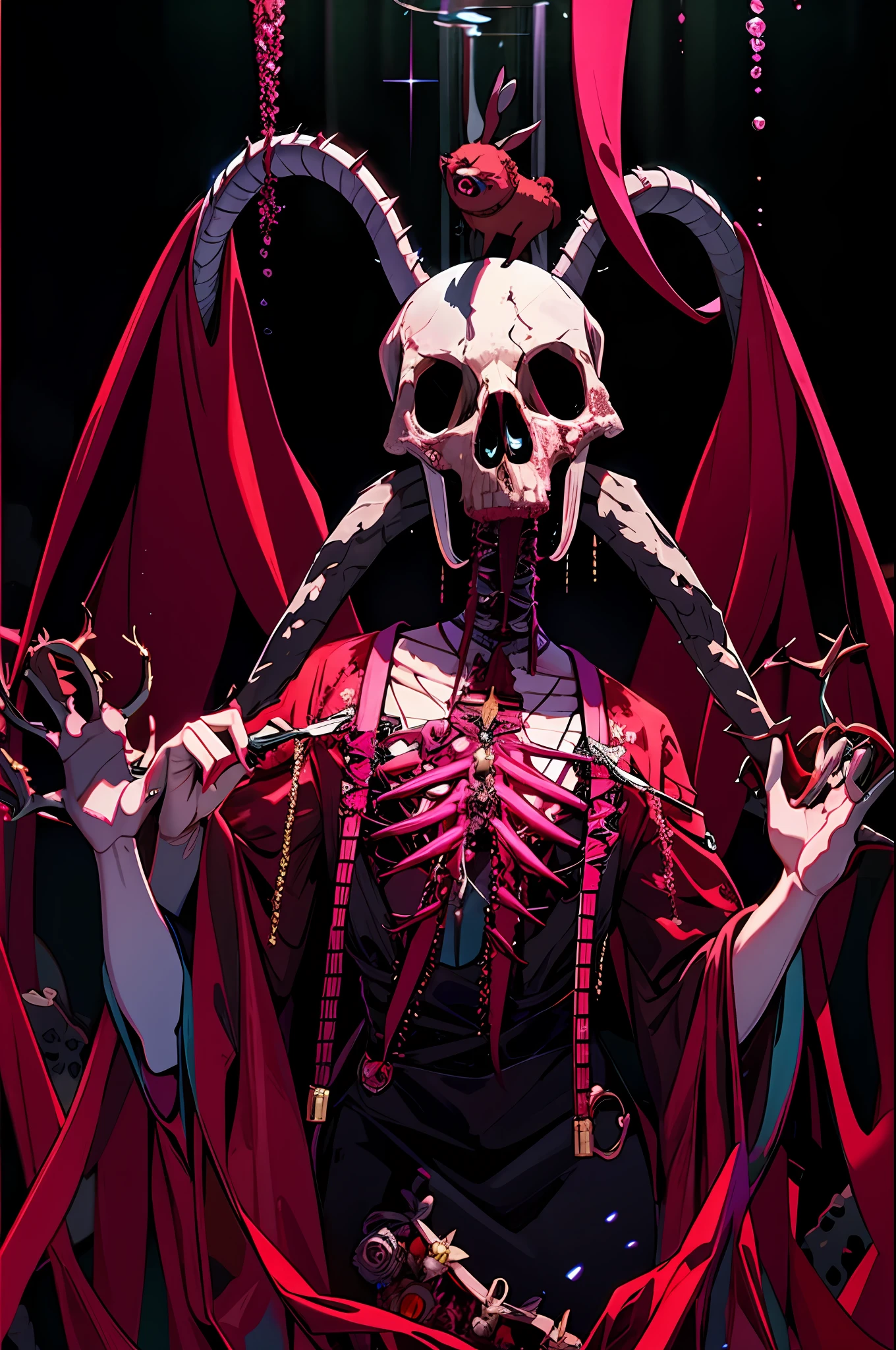 official art, unity 8k wallpaper, ultra detailed, beautiful and aesthetic, High quality, beautiful, masterpiece, best quality, (zentangle, mandala, tangle, entangle:0.6),, a woman killing demons, pink, bright pastel colors, kawaii, (horror), eerie, rabbit skull, goat skull, in hell, creepy, demons, claws, best lighting, water splash, wind swept, glitter,ultra sharp