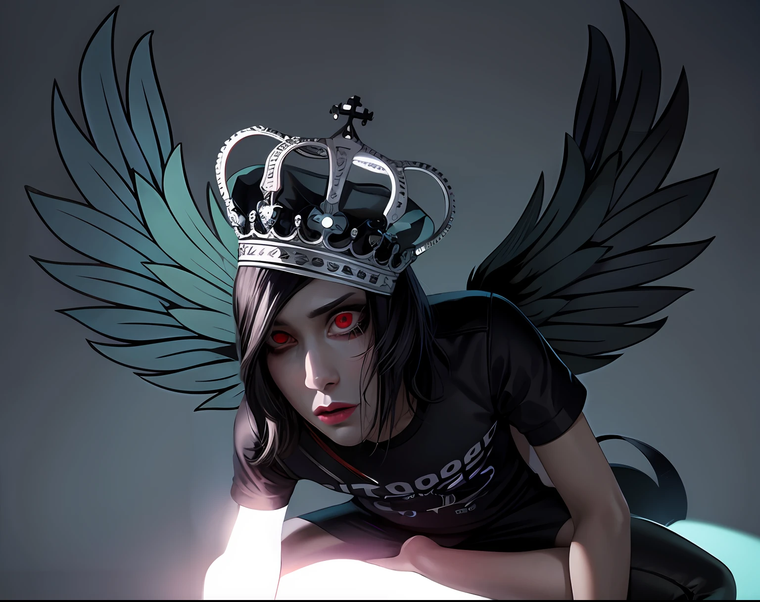 Make the character into a cute emo male androgen, pointy straight small nose, black sclera makeup around the eyes, black hair. One wing white other wing black.