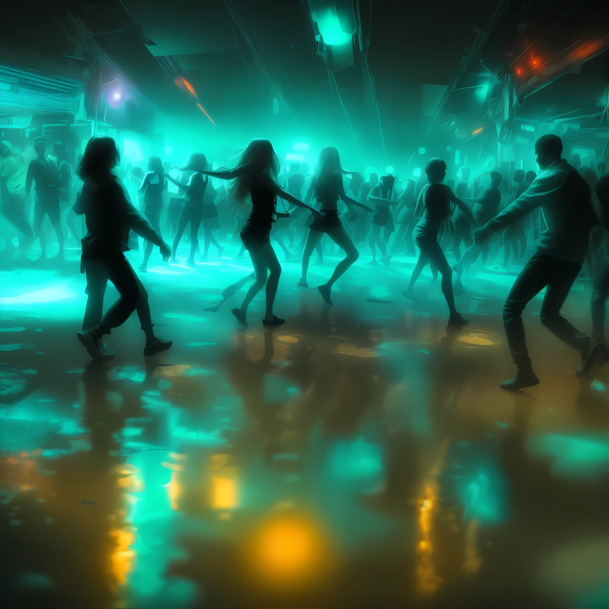People dance in a dark club, neon cyan lights, also the floor has a layer of bright luminescent cyan water, the ambiance looks like the movie Blade Runner, cinematic, dramatic, psychedelic
