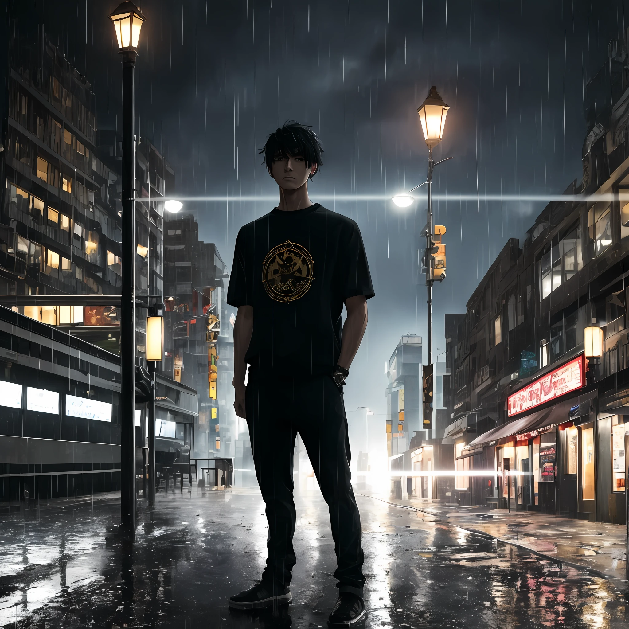 The boy, Short black hair, Sweatshirt T-shirt, Stand at the bus stop, ame, puddles, Reflection of a building in a puddle, Lonely street lamp, dramatic lights, dark sky, Yellow pleasant lantern light, high-detail, decadent, night, raining, rainy evening, The sky is dark, The feathers on both sides of the head are as black as ink, as if they were like a turban, Above the bridge of the tall nose are a pair of blackened eye circles, It seems that the whole person has not had a good rest, But the eyes are very determined, As if nothing could completely defeat him., black hair, hollow eyes, scowl, serious, yandere, anime style, chiaroscuro, character chart, first-person view, UHD, masterpiece, ccurate, highres, 8k --auto --s2