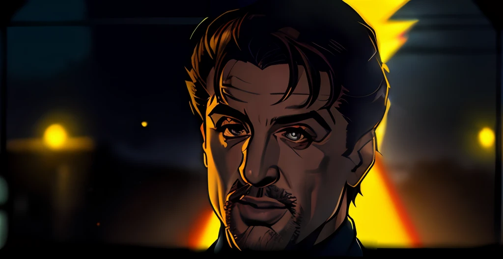 (((Cara confusa)), (comic styled), Silvester Stallone como policial, cena escura, ao ar livre a noite em uma fazenda, olhos azuis, fazenda Noturna, particles, Chuva leve, Foco masculino, (cabo de fluxo longo), noite, Chuva, lightning bolts, fundo detalhado, (arte de Frank Miller), obra-prima, (realista:1.3), perfect illumination, sombreamento perfeito, (textura realista do tecido), hiper-realista, (fotorrealista:1.5)