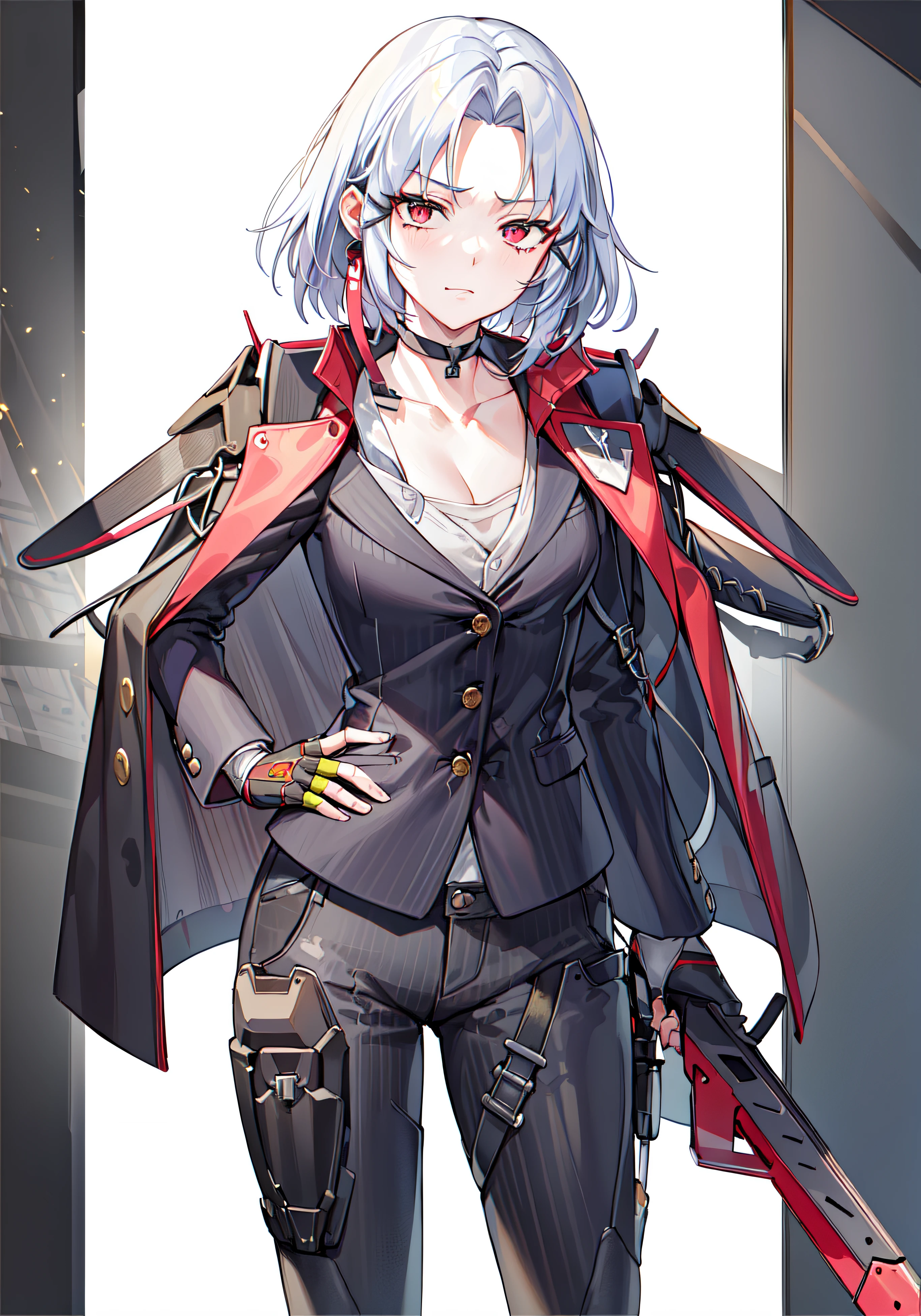 ((((masterpiece, best quality, high resolution)))),
1girl, weapon, gun, solo, gloves, fingerless gloves, choker, holding weapon, formal, pants, jacket, suit, holding, holding gun, looking at viewer, black gloves, jacket on shoulders, pinstripe pattern, black choker, hand on hip, black jacket, shirt, striped, alternate costume, collarbone, closed mouth
