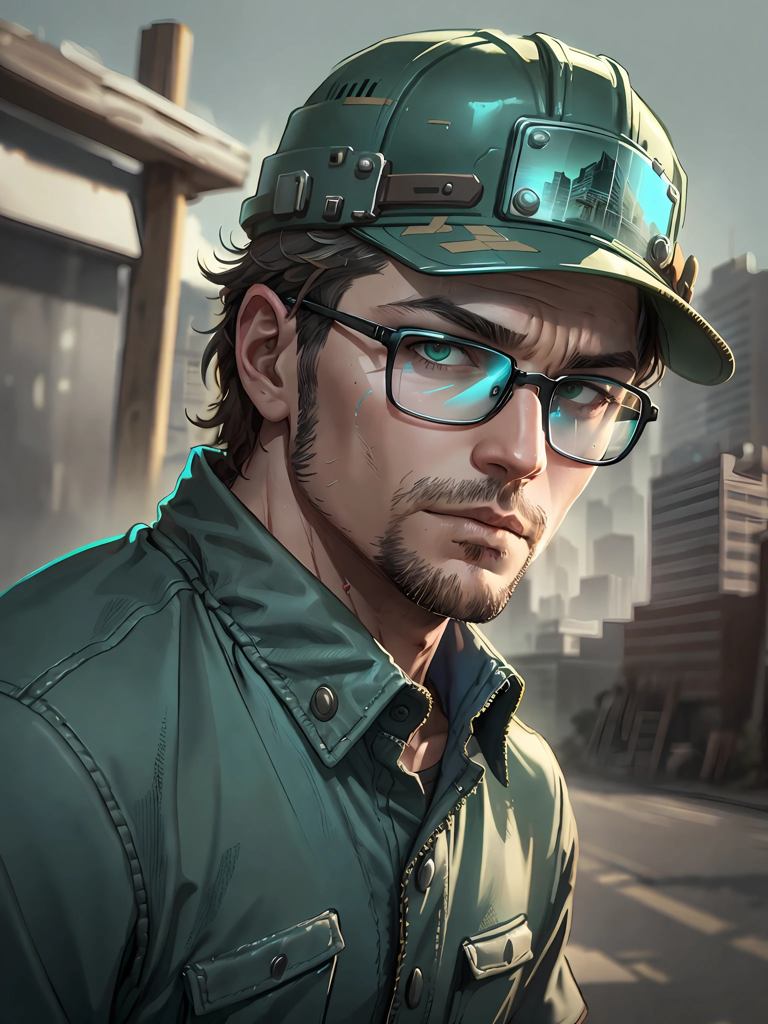 One wears a hard hat,Man in glasses and blue shirt looking into camera, Front photo, Handsome man, front-facing looking at camera, front-facing looking at camera, 正面, front shot, (38 years), Front view, about 35 years, gta san andreas style