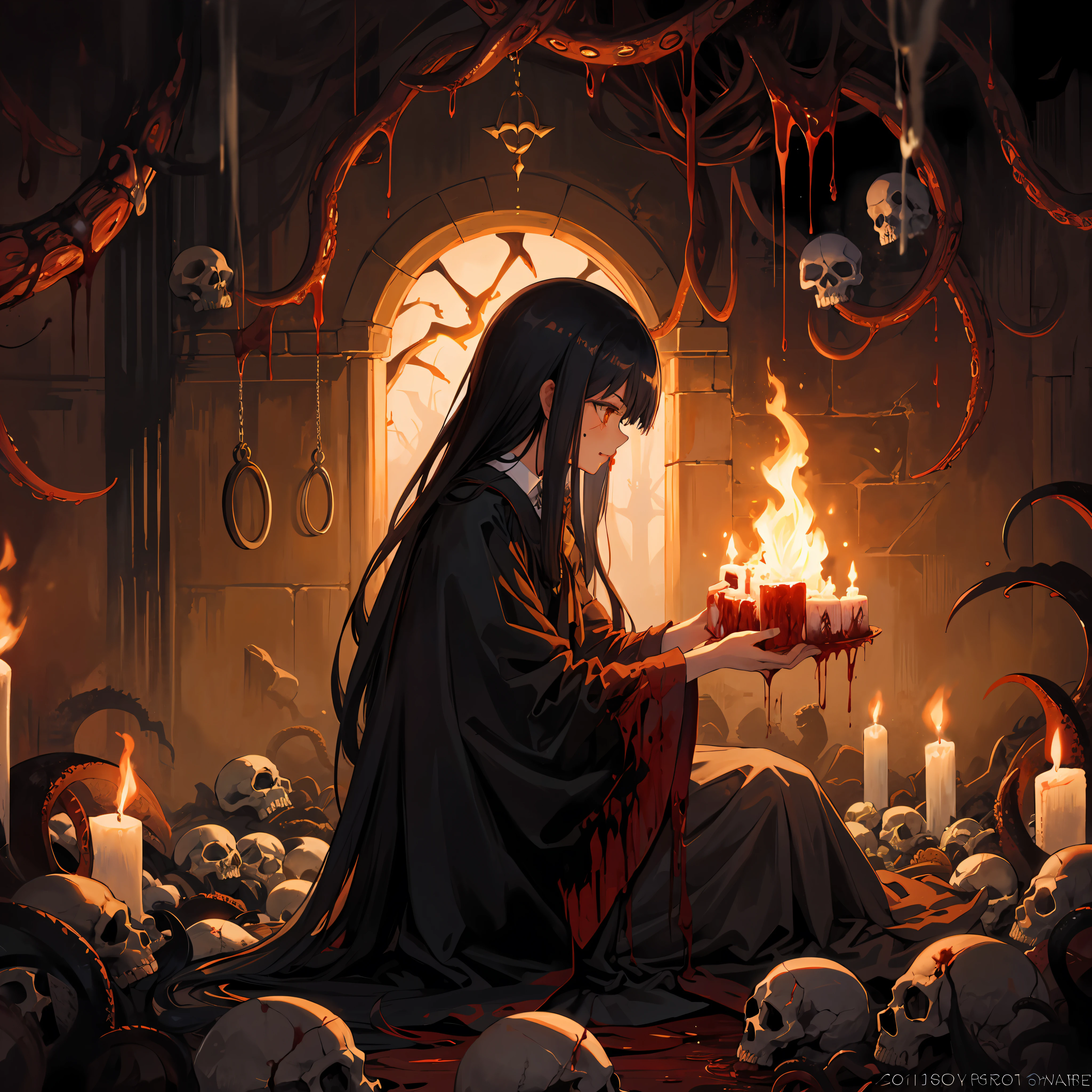 by Brooke Shaden, 1girl, a witch performing a satanic ritual, skulls, blood, yellow, tentacles, disgusting, gore