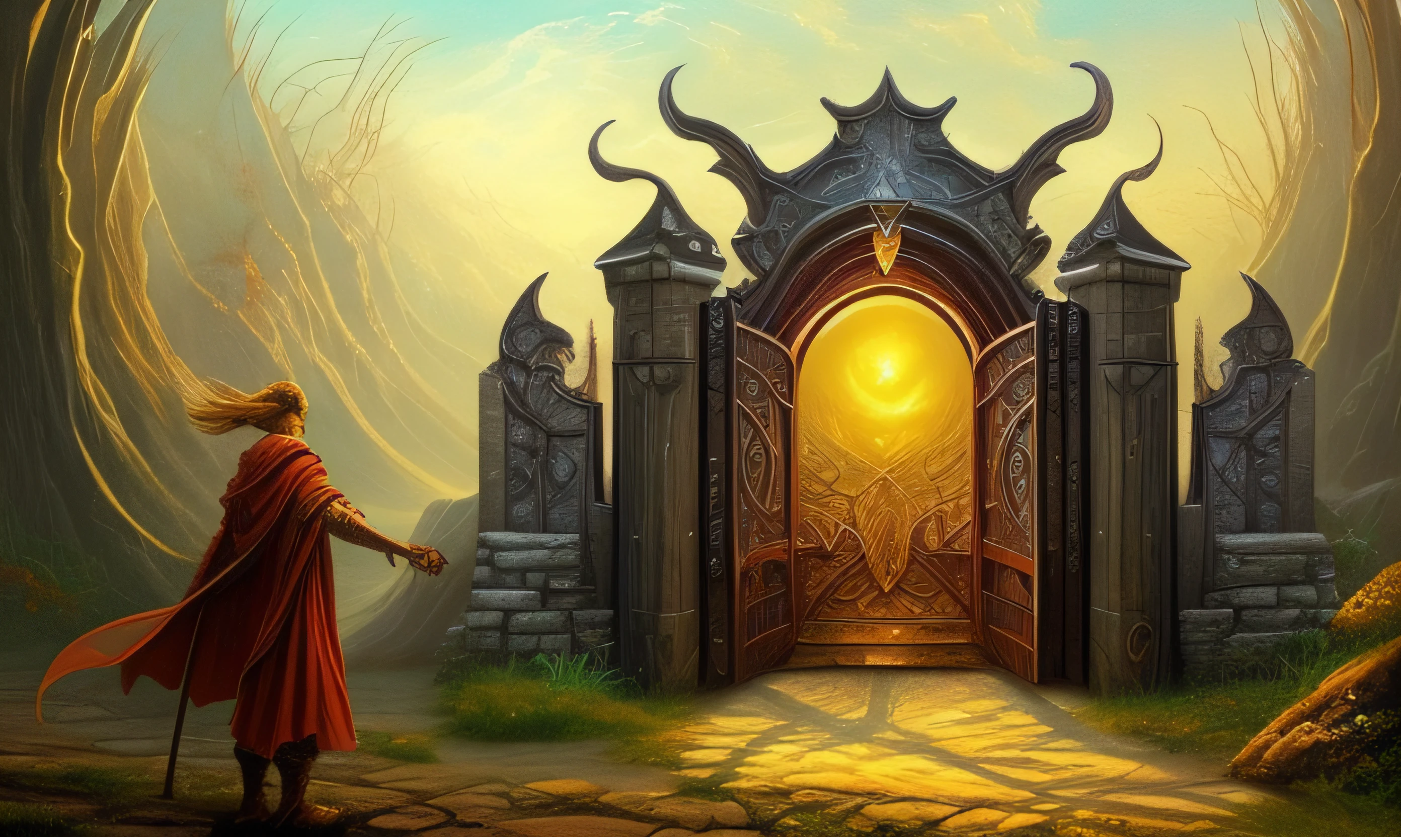 (masterpiece, best quality, high quality), 1boy, ((digital painting)), ((Gatekeeper of prompts)), (Gatekeeper, Key, Portal), Fantasy, Fine Art, Digital Art, (Magical, Mystical, Ethereal), Unique Style, Highly Textured, Intricate Details, Vibrant Colors, ((by J.R.R. Tolkien, by Salvador Dali, by Brian Froud)), absurdres, (Dynamic Pose, Vigilant Stance), Gate, Fantasy Art, Magic, Protector, Surreal, Symbolic, (evil grin, grin), --auto