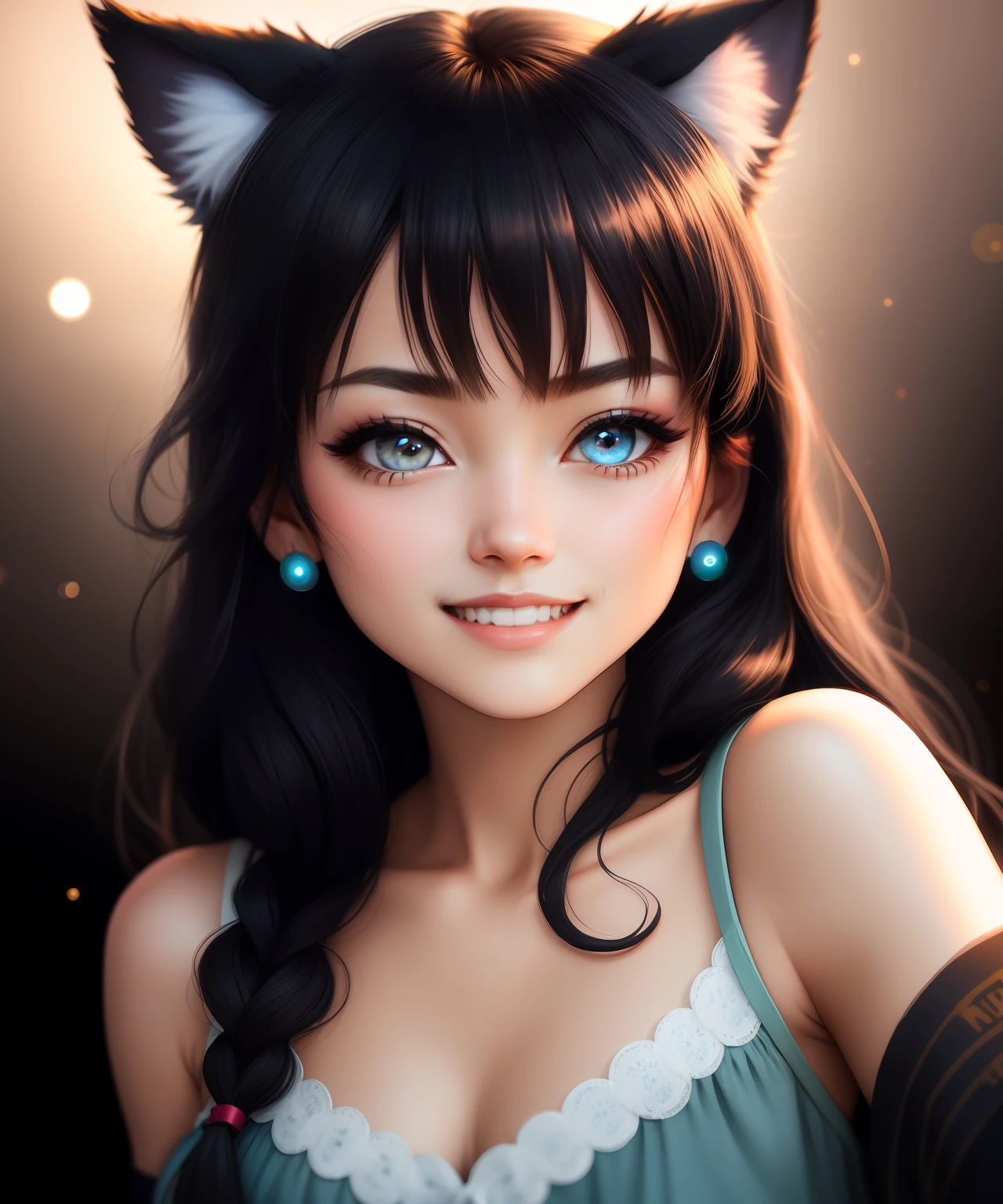 black hair, hair bobbles, wince, longeyelashes, solid circle eyes, fake animal ears, light smile, ear blush, fang, crazy eyes, Surrealism, drop shadow, anaglyph, stereogram, tachi-e, pov, atmospheric perspective, cinematic lighting, backlighting, bokeh, satellite image, 35mm, Canon, 8k, super detail, ccurate, best quality