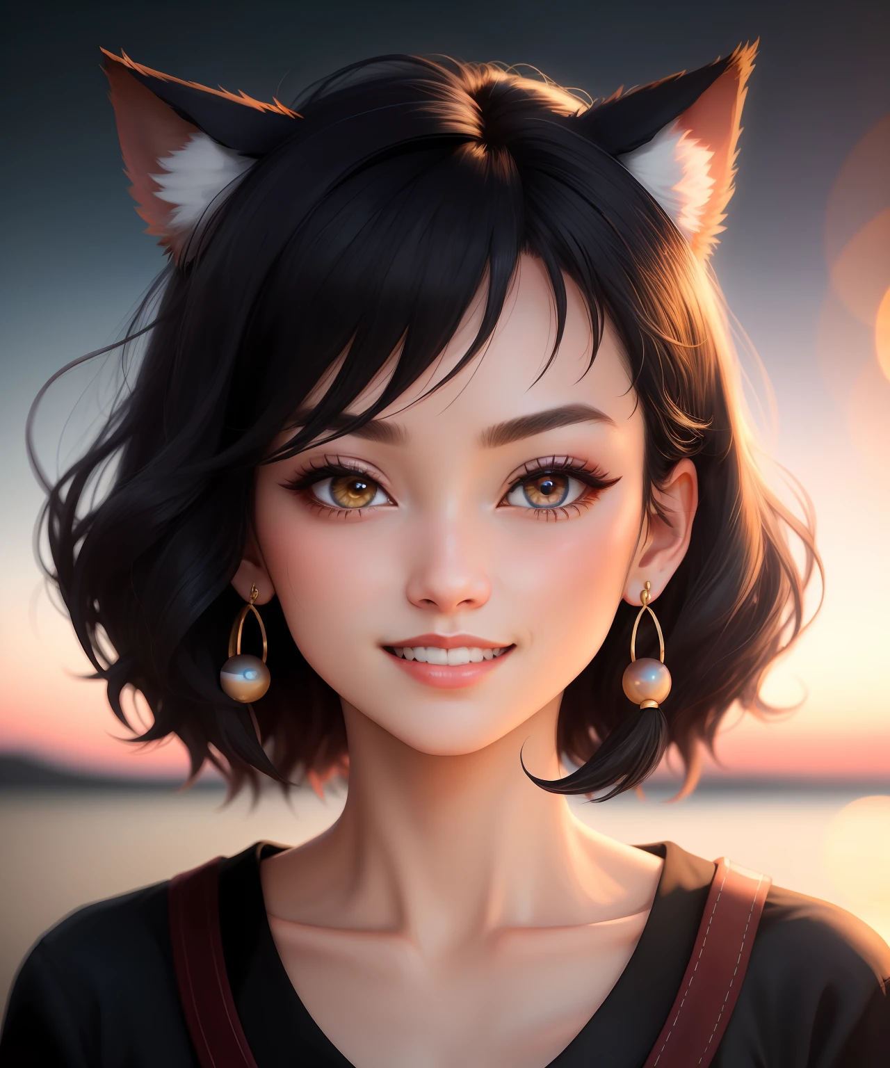 black hair, hair bobbles, wince, longeyelashes, solid circle eyes, fake animal ears, light smile, ear blush, fang, crazy eyes, Surrealism, drop shadow, anaglyph, stereogram, tachi-e, pov, atmospheric perspective, cinematic lighting, backlighting, bokeh, satellite image, 35mm, Canon, 8k, super detail, ccurate, best quality