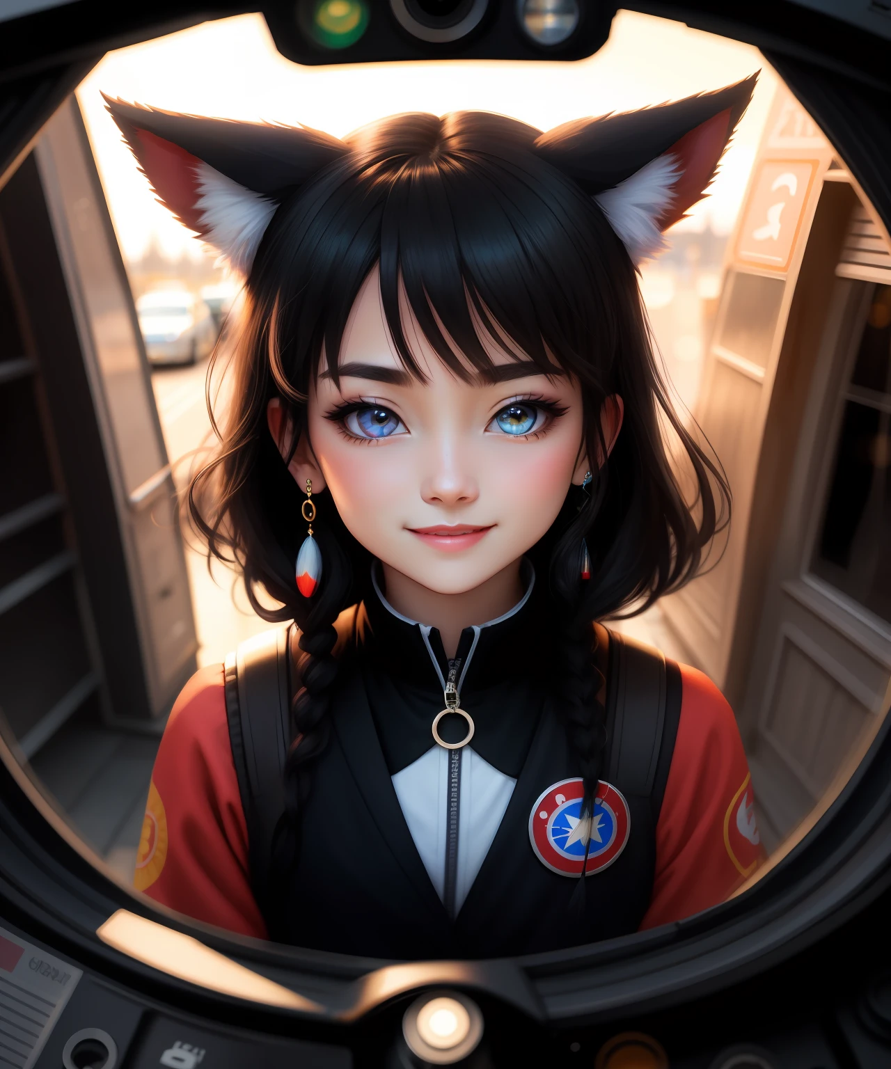 black hair, hair bobbles, wince, longeyelashes, solid circle eyes, fake animal ears, light smile, ear blush, fang, crazy eyes, Surrealism, drop shadow, anaglyph, stereogram, tachi-e, pov, atmospheric perspective, cinematic lighting, backlighting, bokeh, satellite image, 35mm, Canon, 8k, super detail, ccurate, best quality