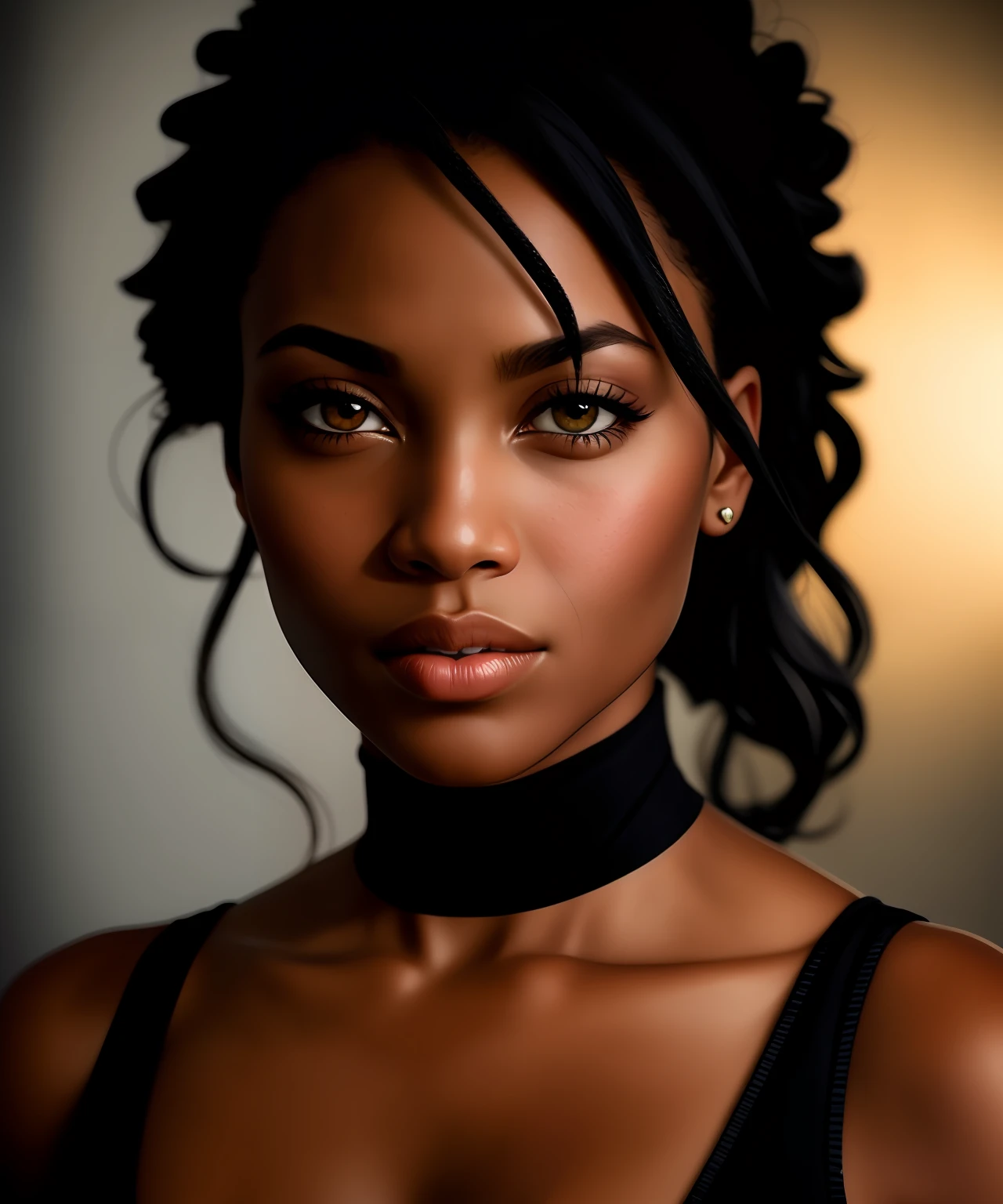 black female blkmndy, aggression, flirting with the camera, natural skin texture, hyper realism soft light, close up portrait photo by Annie Leibovitz, film, studio lighting, detailed skin, ultra realistic, bokeh, sharp feature