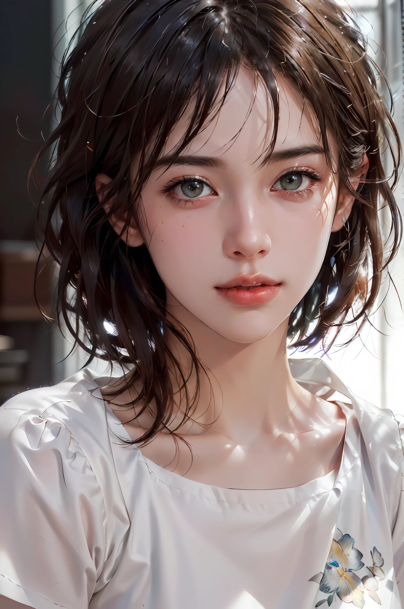 styled(Short Bob Cut Hair、Wavy)、(photoRealstic:1.4)、(hiper realistic:1.4)、(Realistic:1.3)、(Smooth lighting:1.05)、(Improved cinematic lighting quality:0.9)、32 k、1girl in、20 years girl、Realistic lighting、Back lighting、Facial Lights、Ray tracing、(brightened light:1.2)、(Quality improvement:1.4)、(Realistic textured skin of the highest quality:1.4)、fine detailed eyes、detailed faces、