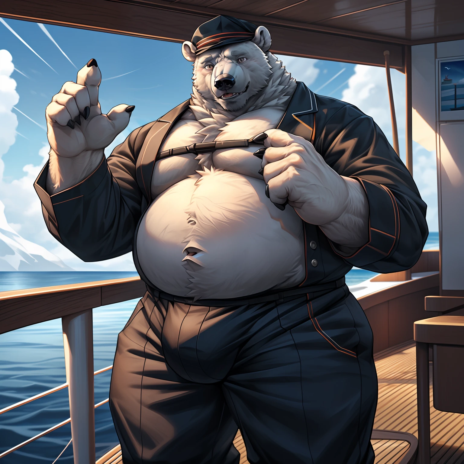 ((extremely detailed, super detail, masterpiece, ultra realistic, highres, detailed shadows, detailed lightining)), (((close-up, upper body view, facing viewer))), (((((solo, 1boy, anthro (polar bear))))), ((very fat, broad hips, broad shoulders, hairy chest, hairy belly)), big bear face, (detailed gigantic bulge, big balls:1), fluffy, masculine face, calling gesture, seduction expression, old age, (seaman uniform open, seaman hat), detailed clothes, ocean background, ((inside boat, photorealistic))), ((bara))