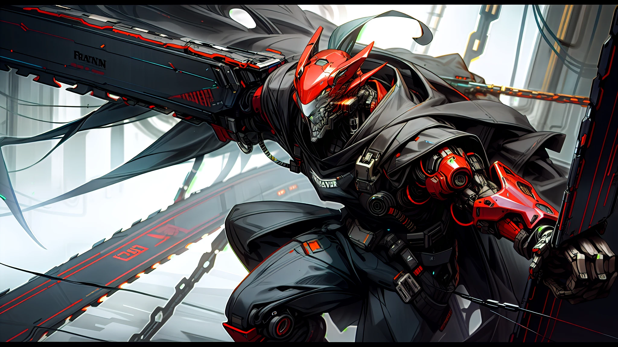 (Homem em um traje de peste black futuristic:0.9), (raven mask:1.2), (rifle:1.1), (Cyber futuristic environment:1.5), (bright and contrasting lighting:0.3), (Dynamic shooting angle:1.2), (contraste de fundo escuro:0.1)