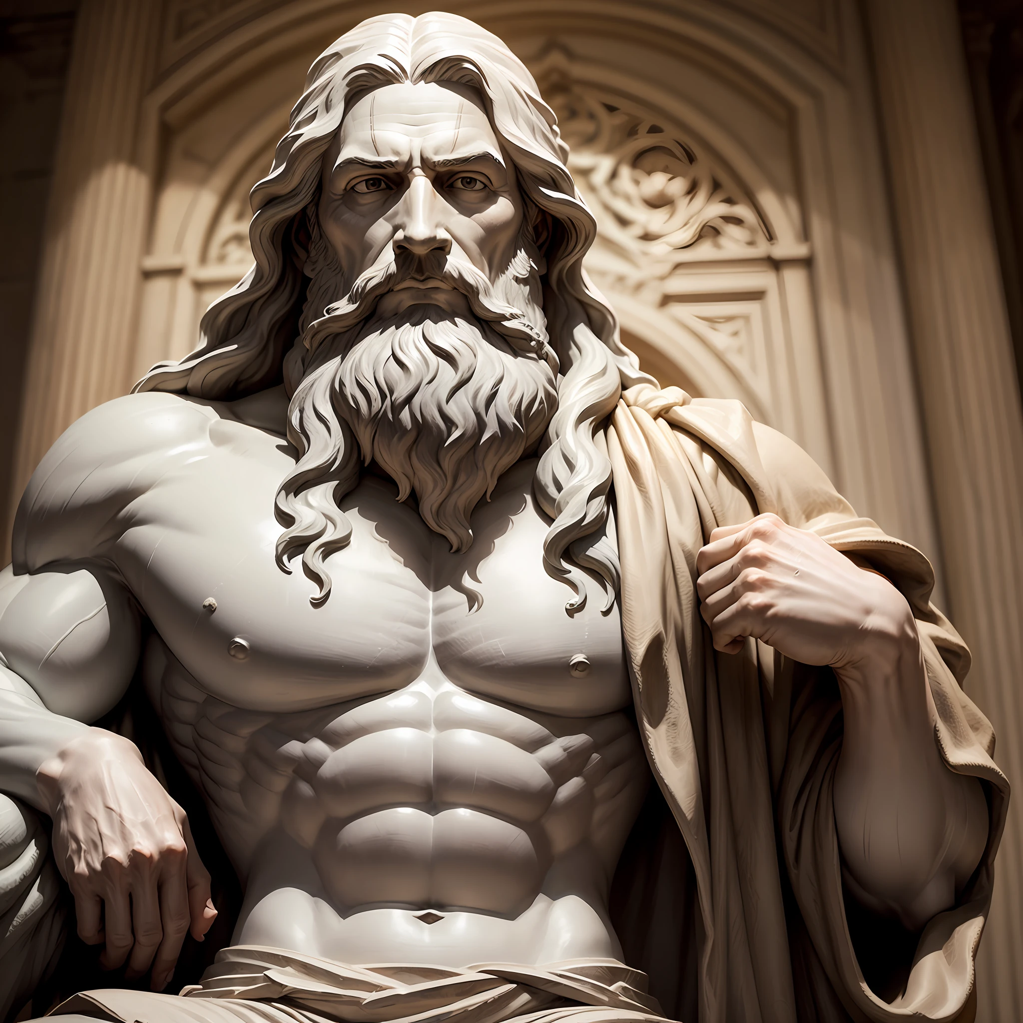 Gray Roman statue of strong old man with long hair and a long beard --auto
