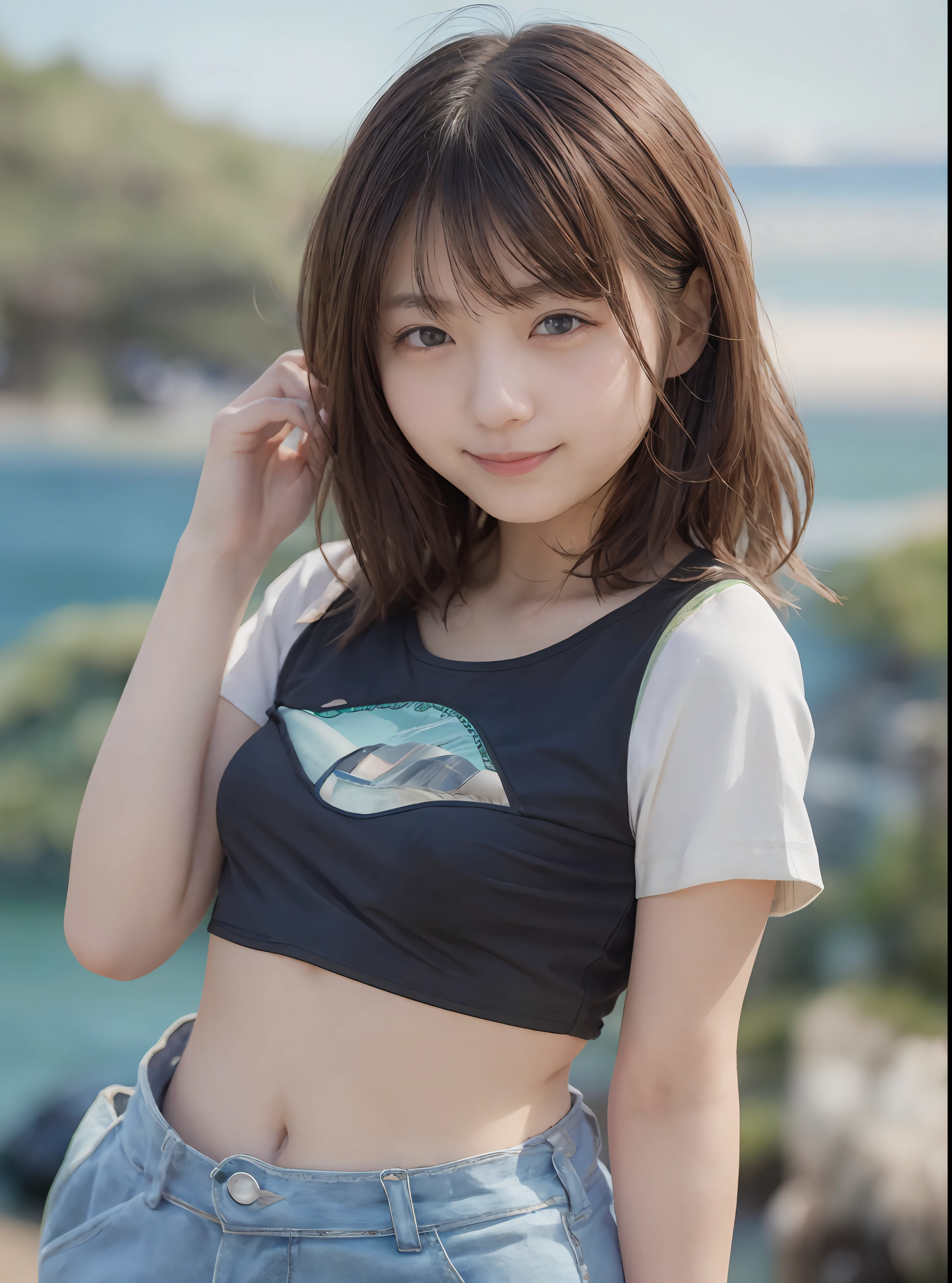 pureerosface_v1, Top image quality, photoreallistic, 8K, Hi-Def, 1girl in, femal, (Skindentation), (portlate:0.6), ((Coastal background:2)), ((smallsize round breast、tshirts:1.7)), Straight Viewer:1.8, (1 Girl Eye Viewer:1.45, Medium length hair, black har, Partdbang:1.45), photoreallistic, (bokeh dof),realisic、a smile、