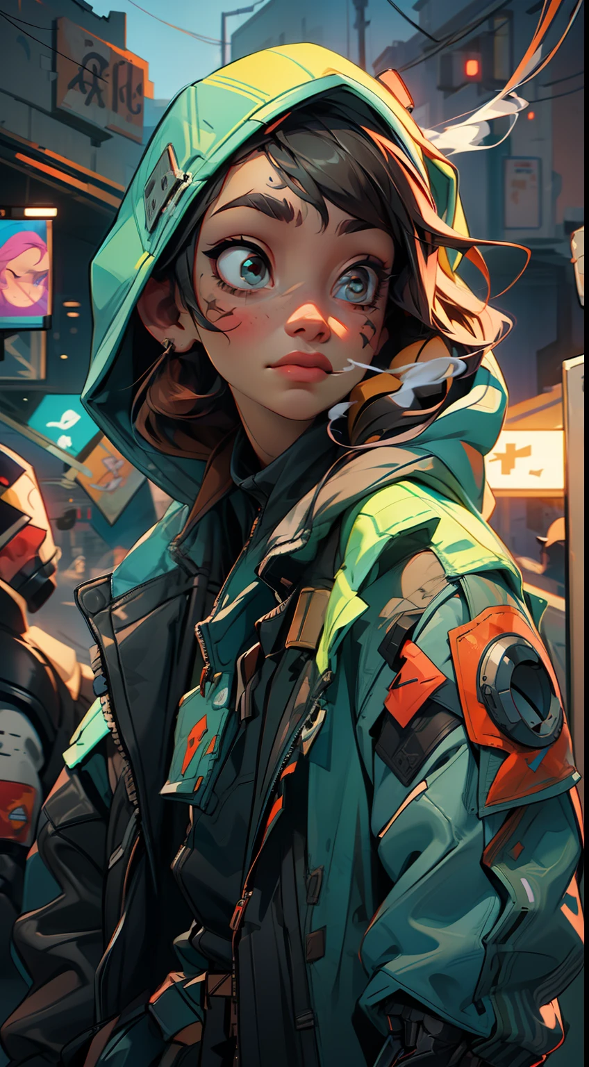 1Girl(techwear jacket,hood,neck tattoos and arm tattoos) in post-apocalypse world with a robot, ruined city, smoke, fog, lights