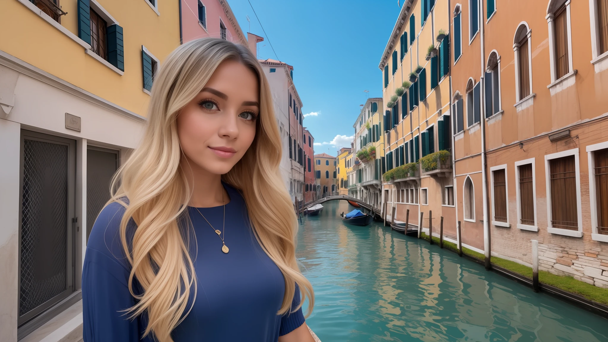 Uma mulher jovem e bonita, blonde hair that falls gently in waves up to the shoulders, altura mediana, olhos grandes e verdes, pele clara, She is in the famous gondolas of venice, roupas despojadas e floridas, It's spring morning, ela sorri mostrando os dentes, she's looking at the camera, foto de corpo inteiro, Sunlight enhances your hair, seu semblante esta naturalmente sereno, half-open lips, Textura 8K, altamente detalhados, realista, soft Cinematic Light, HDR, sharp fokus, obra-prima, fotorrealista, fotografia premiada, Canon EOS R5, 35 mm.