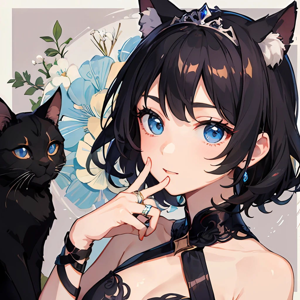((最好质量))、((巨作))、((ultra-definition))、(illutst)、(Fine light)、(Extremely delicate and beautiful)、(((独奏)))、a 1 girl、(((a beautifulchi girl) )))、((Best Quality, High_resolution, Distinct_image)),(Black hair), (Black cat ears), (Ahoge), (absurdly short hair), (Wavy hair), (Blue Eyes),Fashionable background、doress、Wearing a tiara、Wearing a ring on the ring finger of his right hand、