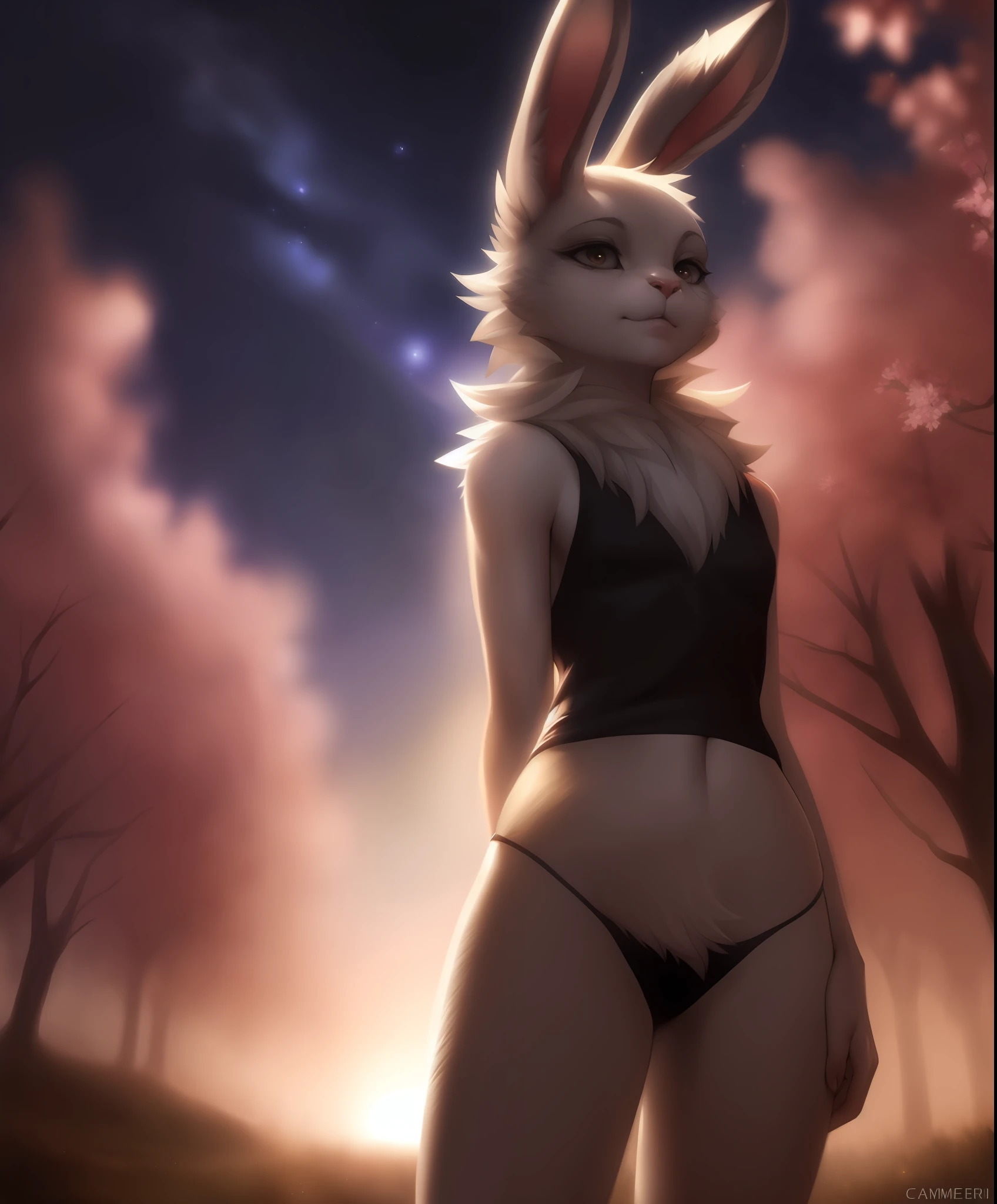 RAW, 8k, photo, realistic,photorealistic,detailed cherry blossom forest,windy, detailed night sky with stars,(fluffy:1.3),(fluffy grey fur), young petite anthro (grey_bunny), ultra realistic, Masterpiece, extremely high quality,dentadura da pele,liso, detalhes intrincados,linda foto feminina, profissionalmente retocado, Fotografia realista profissionalmente colorida, natural lighting, Realistic, particles of light, Pose sugestiva, Directed by: Pino Daeni, Directed by: Ruan Jia, por Shiitakemeshi, Directed by: Alayna Lemmer, Directed by: Carlo Galli Bibiena