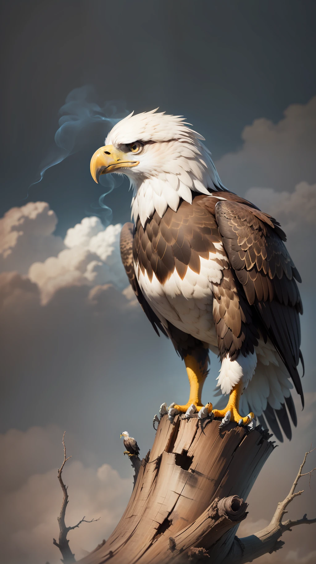 Eagle sitting in the dead tree,background is dark smoke,high quality, high resolution