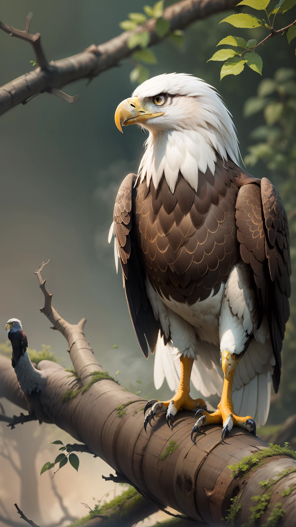 Eagle sitting in the dead tree,background is dark smoke,high quality, high resolution