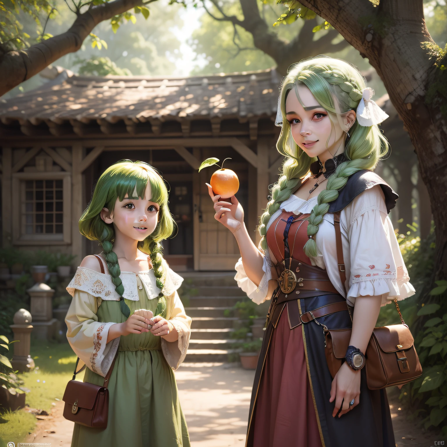 povo da floresta, jovens e idosos, old people, mage people, cute animals arround, little animals in scenario, Fruit in hand, pessoas felizes, vilarejo da floresta, cabelos verdes, cabelo verde, plaits, roupas medievais, modesto, floresta encantada, mundo de fantasia, MagicWorld, pleasant atmosphere, personagem de rpg, cabelo verde, sorridente, alegre, feliz, dinamic pose, rosto detalhado, dentes detalhados, olhos detalhados, nariz detalhados, orelha detalhada, dedos detalhados