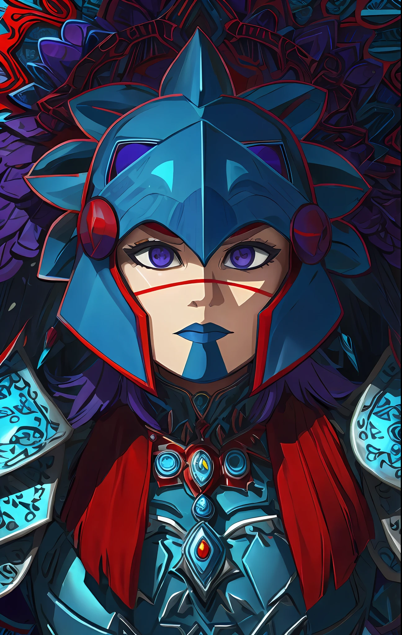FIRST COLORFUL CHEROKEE HEADDRESS, INDIAN, a girl, anime version, Upper body, Aztec armor, warrior, blue paint on the eyes, purple red and blue colors, ice, cold, frozen, engraving, armor