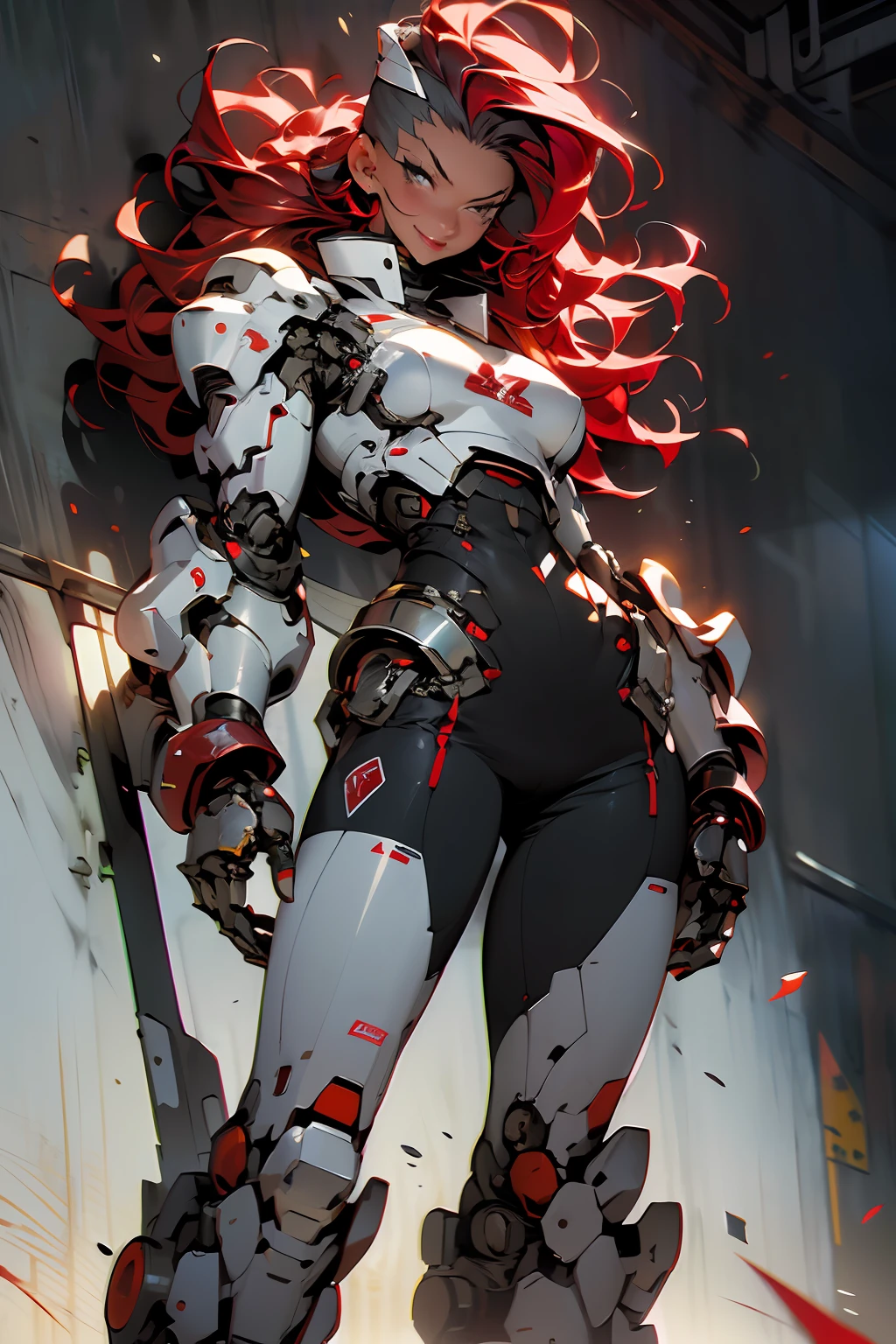 (((masterpiece))), (((best quality))), ((((absurdities))), Muscular 35-year-old adult woman with robotic armor, large breasts, sensual pose, white mohawk hair with red locks, proportional body, full body, beautiful, mischievous smile, military installation