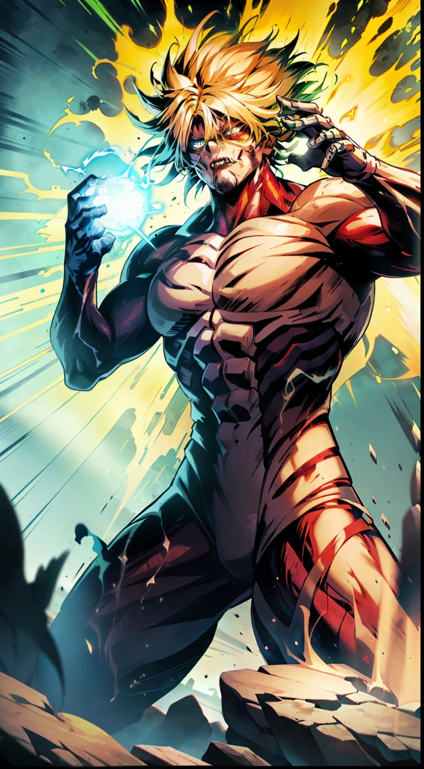 Female titan unleashes a colossal energy wave that shatters the ground and creates a massive shockwave. He stands on a rocky terrain with a stormy sky in the background. The energy wave is a mix of green and yellow hues with a swirling pattern. (dark:1.2), (epic:1.3), (chaotic composition:1.2), (metallic:1.1), (gritty texture:1.1), (comic book:1.2), (((3D))), (((realistic))),