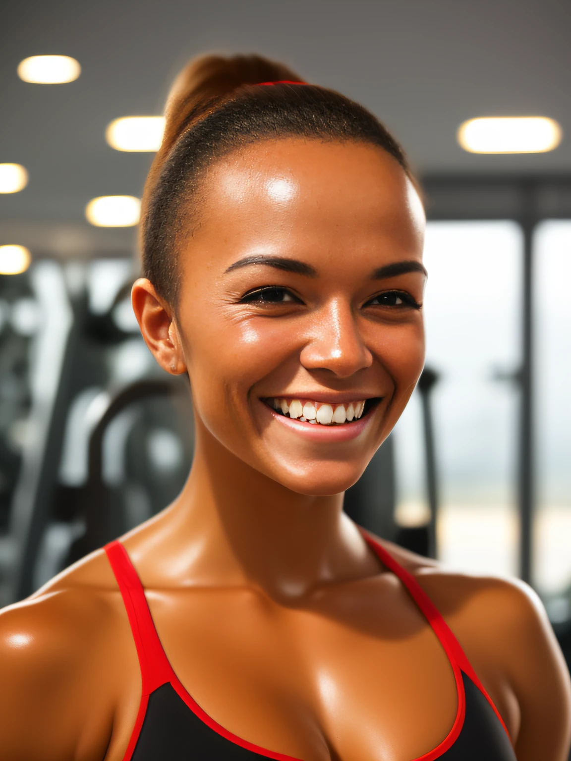 tanned brazilian woman, oily forehead, shiny forehead, ponytail, sunglasses, smiling, indoor, gym photography