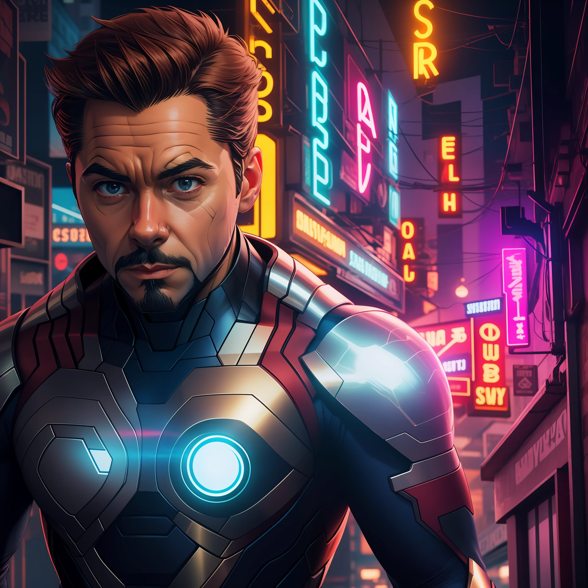 Tony stark, cosplay de superman, rosto bem detalhado , corpo inteiro, utra realista, 8k, cidade cyberpunk, realista, cores vivas, neon , choque