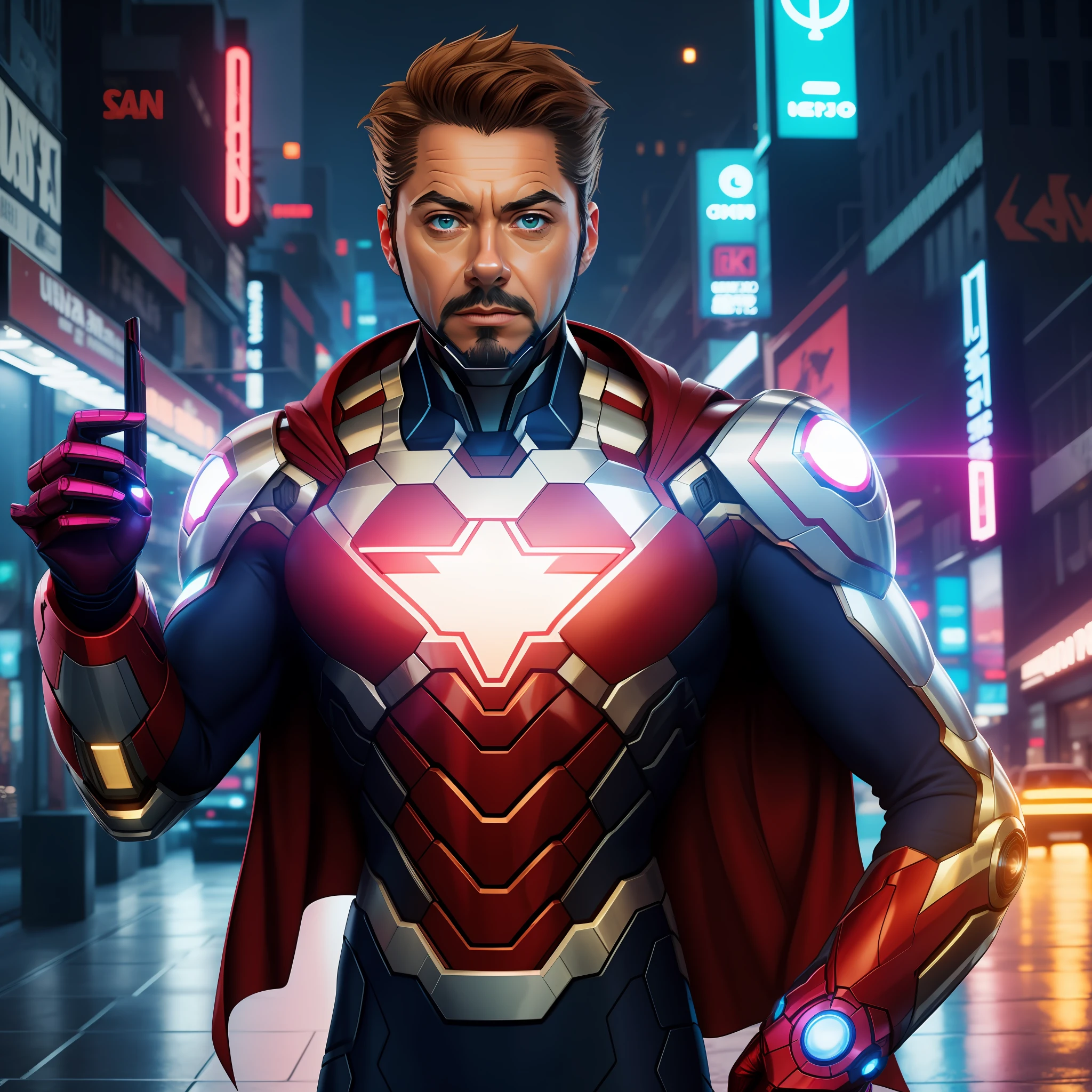 Tony stark, cosplay de superman, rosto bem detalhado , corpo inteiro, utra realista, 8k, cidade cyberpunk, realista, cores vivas, neon , choque