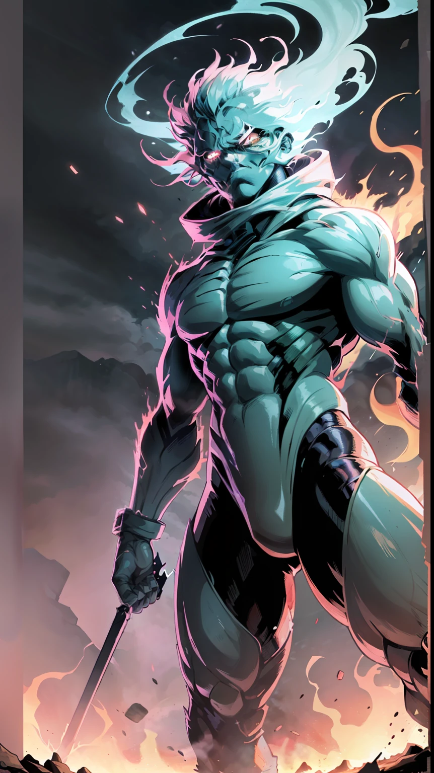 Female titan unleashes a colossal energy wave that shatters the ground and creates a massive shockwave. He stands on a rocky terrain with a stormy sky in the background. The energy wave is a mix of green and yellow hues with a swirling pattern. (dark:1.2), (epic:1.3), (chaotic composition:1.2), (metallic:1.1), (gritty texture:1.1), (comic book:1.2), (((3D))), (((realistic))),