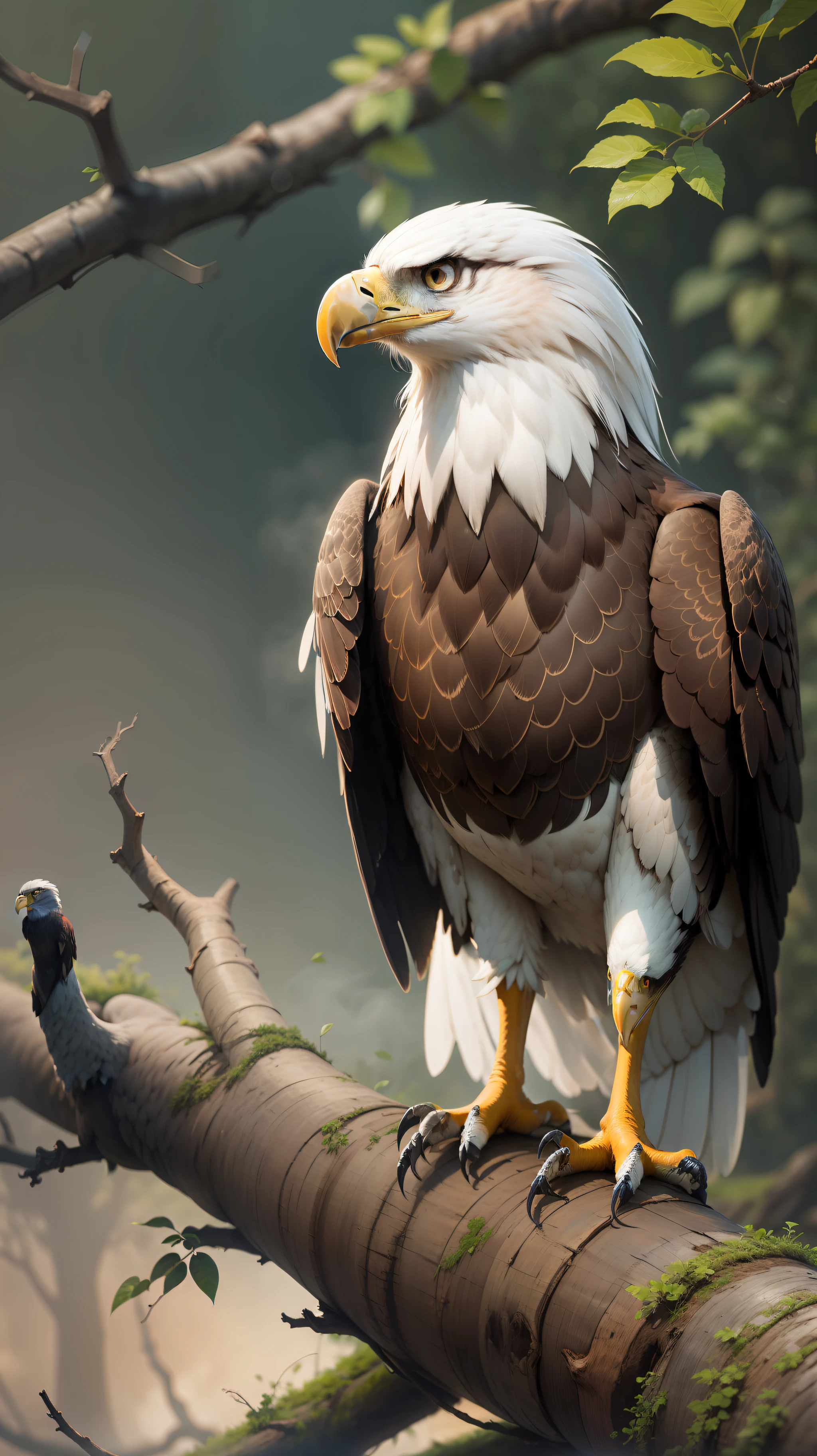 Eagle sitting in the dead tree,background is dark smoke,high quality, high resolution