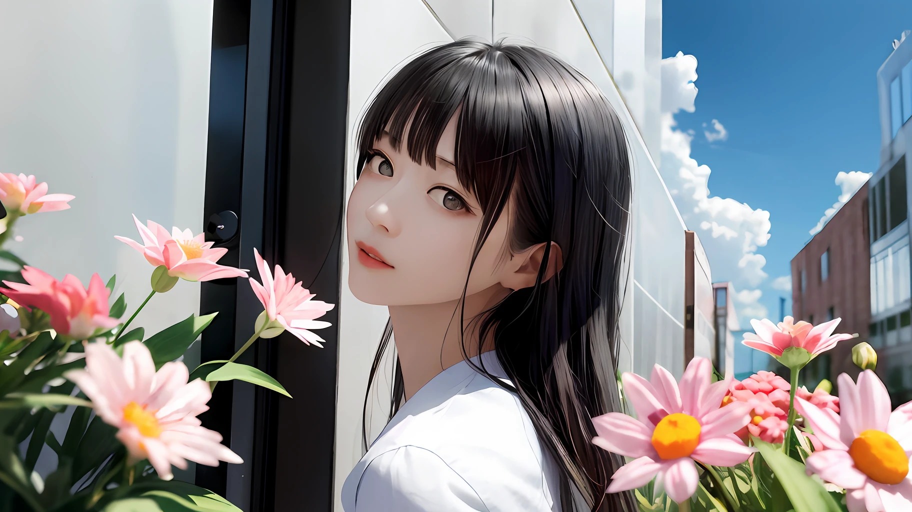 巨作、(photoreallistic:1.4)、最好质量、beautiful  lighting、(ulzzang-6500:0.5)、Makima \(chainsawman\)、(Bob Hair)+(black har)+(bangss)、blue eyed、blue eyed、blue eyed、((Ring-shaped eyes))、Raw photography、8K UHD、film grains(巨作、最好质量)、florals、exteriors、letterbox、student clothes、daytime、skyward、look up to、the clouds、Sunlight、White shirt、serafuku、Upper body body、From Side、From Side、pink flowers、Blurring、A blue sky、depth of ﬁeld