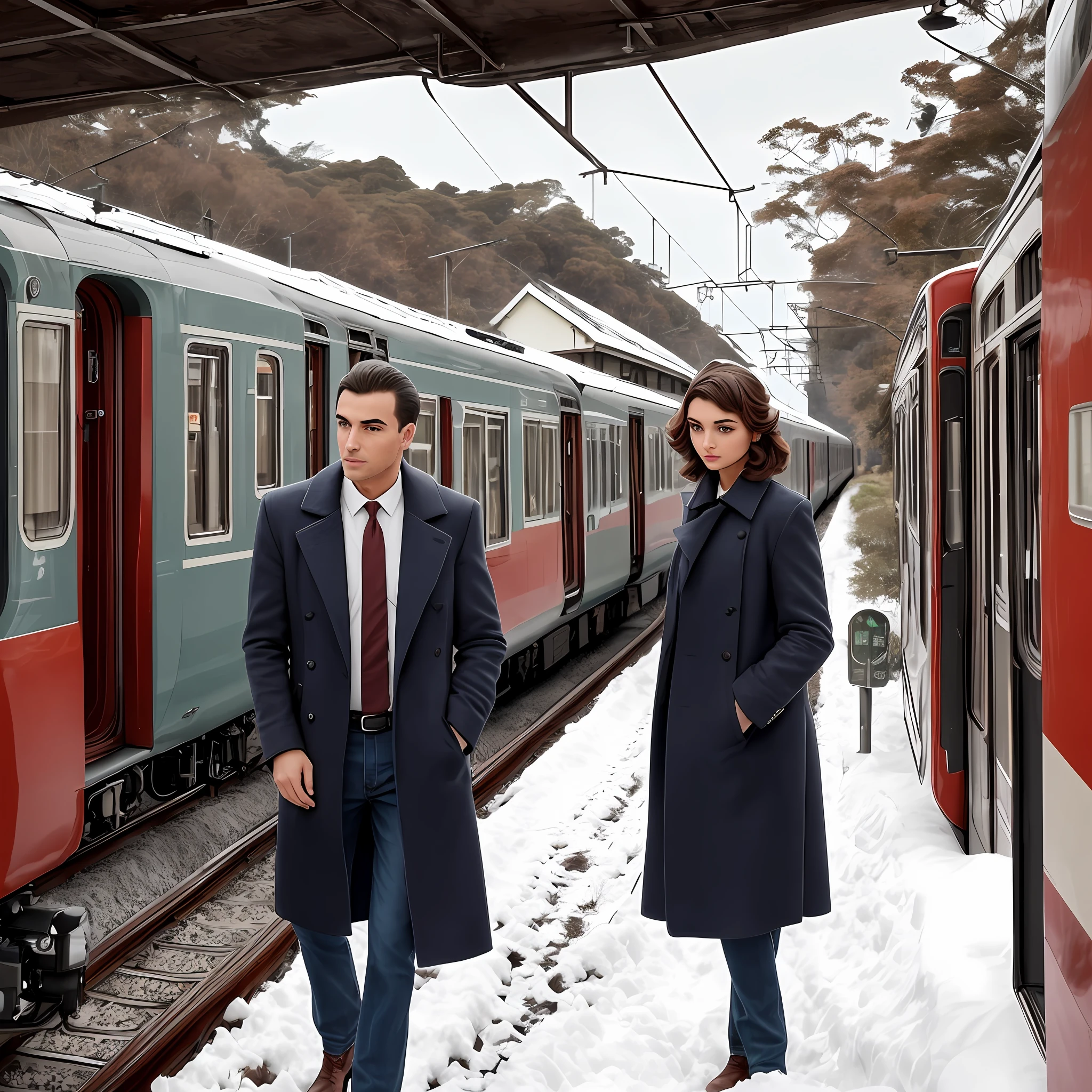 foto ultra realista com o close de um casal. Image with characteristics of the 50s. 1 woman from the 50's, with the characteristics of Ana de Armas with delicate posture, cabelo curto, cabelo acima do ombro com cachos nas pontas, com corte do estilo dos anos 50; She's in a small train station, accompanied by 1 man from the 50's with the posture of an officer of the American air forces, bonito tem cabelo bem curto e loiro claro, olhos azuis, rosto marcante e bonito, com barba. He wears a classic dark overcoat over a gray suit; the two are together in a romantic cinematic image with a dramatic air in the cozy train station with old patterns and of a small town Garibaldi in Rio Grande do Sul, Brasil. The time is in the evening, the is dark skies, brick station lights illuminate, a lot of snow covering the ground and the train, frio, nevoeiro, inverno. Passageiros ao fundo. The scenario with characteristics of the year 1950, with dramatic and melancholic tones --auto