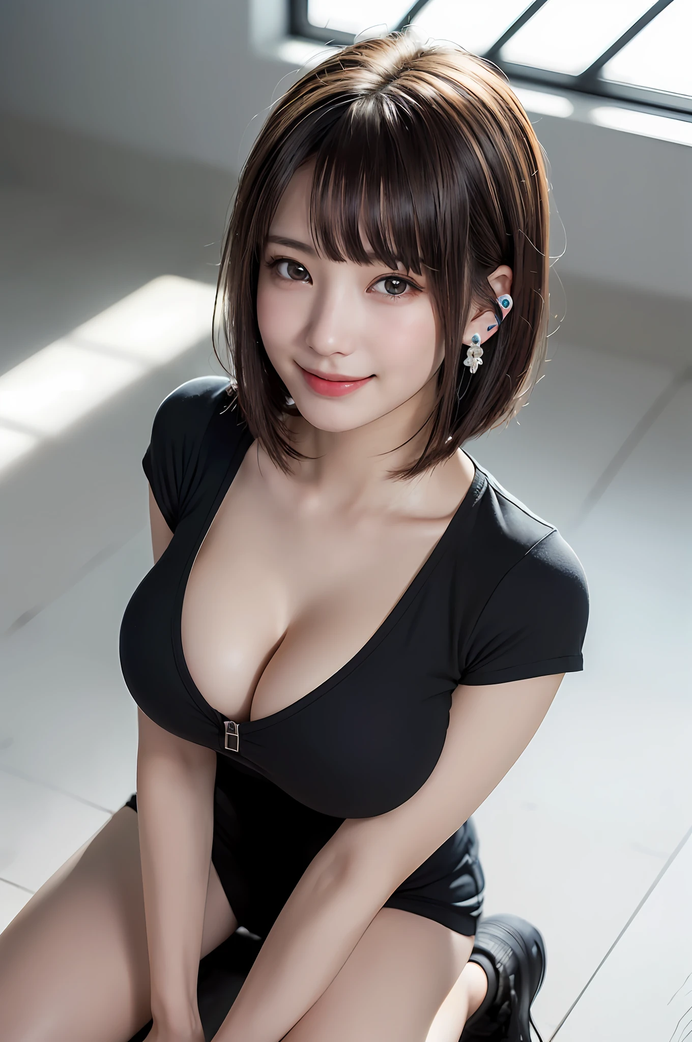 巨作、最好质量、ultra-high-resolution、(photographrealistic:1.4)、((1girl in、White fair skin:1.4、Kneeling、From above、Look up at your audience、24years old、spotless、a cute、black har、disheveled hair、short hair with bangs、Big breasts))、(HugeBoobs、tits、Expose muscles、Sweat muscles、punk tshirt、Punk Girl)、(a smile、Happiness、joy、frisky、closes mouth)、(Hold your breasts between your arms and pull your breasts closer)、High detailed eyes、long neck、(((short hair with bangs)))、Lashes、Big eyes、((Very beautiful、Very beautiful))、(((Natural sun light、Put your ears out、staring the viewer、Entice your audience、Burst breasts、Highlights in the eyes)))