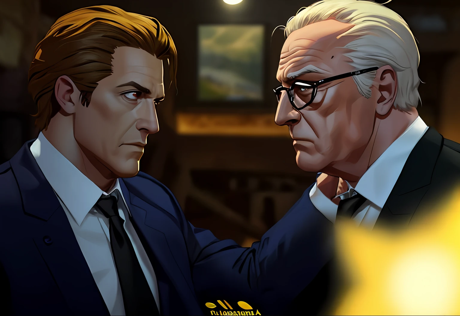 Two men in suits are talking to each other in a dark place, Silvestre Stallone, Michael Caine, cena intensa, filme de alta qualidade ainda, ao ar livre a noite em uma fazenda, fazenda Noturna, particles, Chuva leve, Foco masculino, (cabo de fluxo longo), noite, Chuva, fundo detalhado, (arte de Frank Miller), obra-prima, (realista:1.3), perfect illumination, sombreamento perfeito, (textura realista do tecido), hiper-realista, (fotorrealista:1.5)