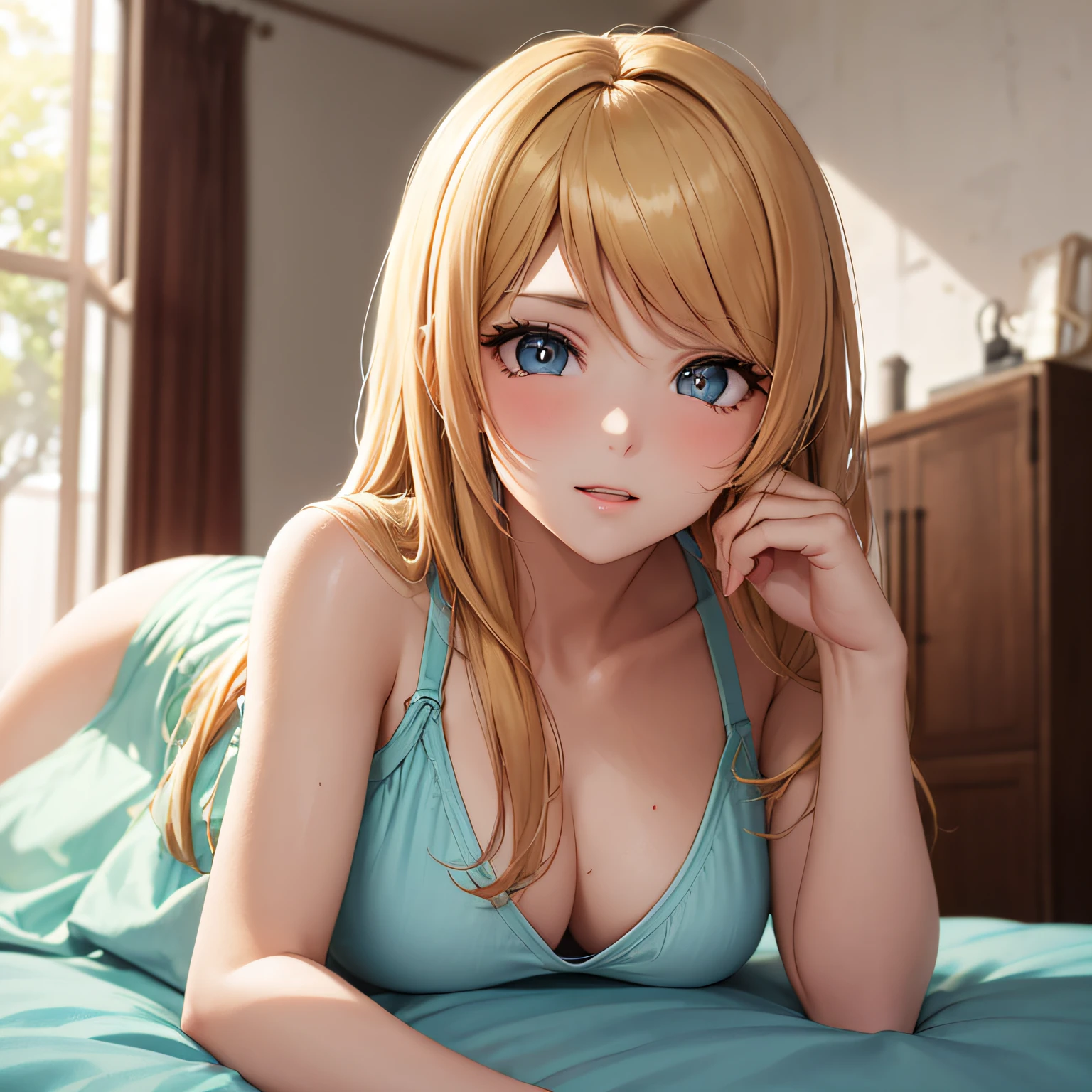(obra-prima, melhor qualidade) 1.5, 1girl, solo, (sexy, mulher bonita, rosto perfeito, olhos perfeitos) , samus aran, vestido de couro longo, mostrando o corpo inteiro, deitada na cama de frente para o espectador (olhos azuis, cabelo longo loiro, cabelo longo) --auto