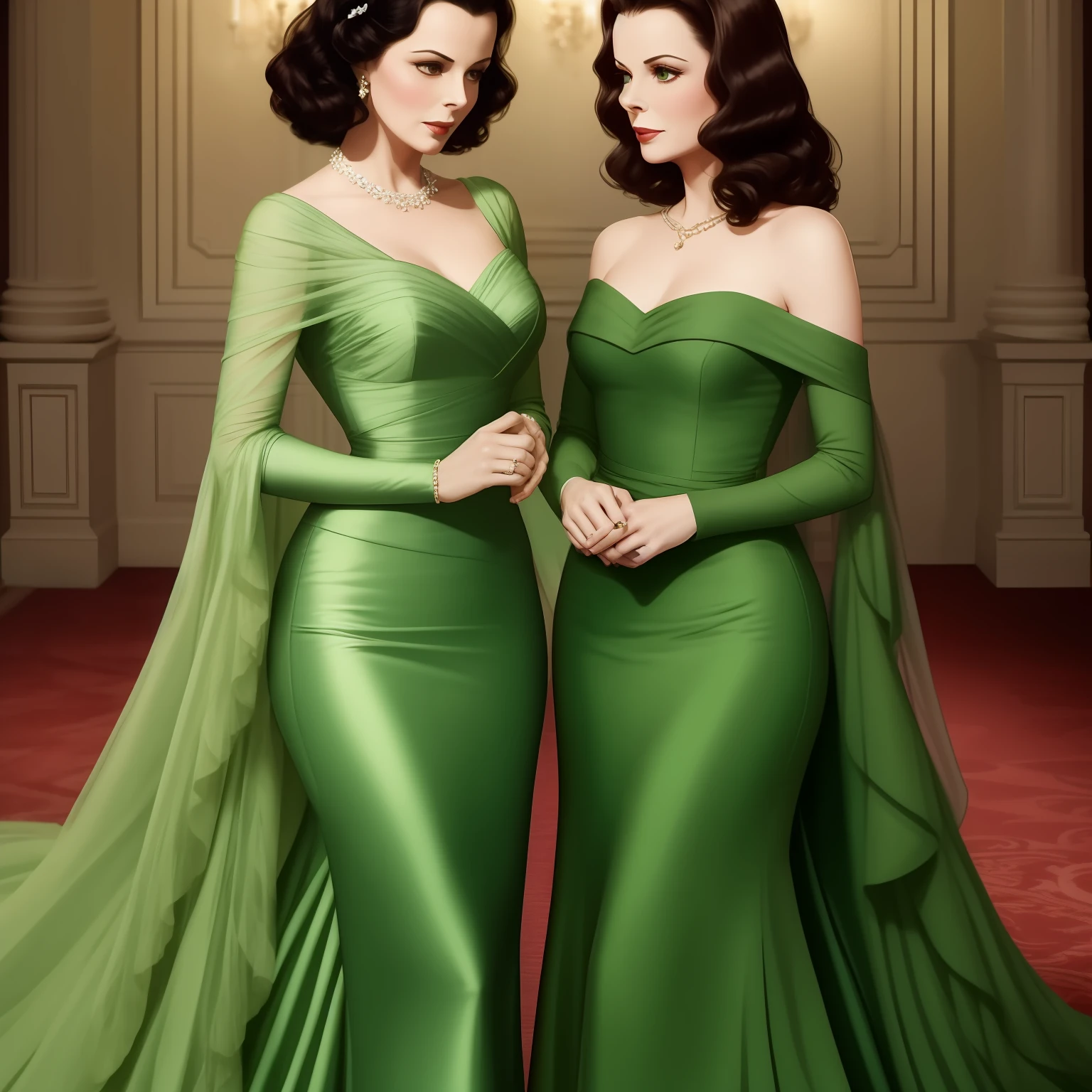 Hedy Lamarr and Vivien Leigh look alike. Both are wearing green and red party dresses. Hedy Lamarr and Vivien Leigh face each other in an elegant ballroom. Soft and diffuse lighting. Romantic and dreamy atmosphere.